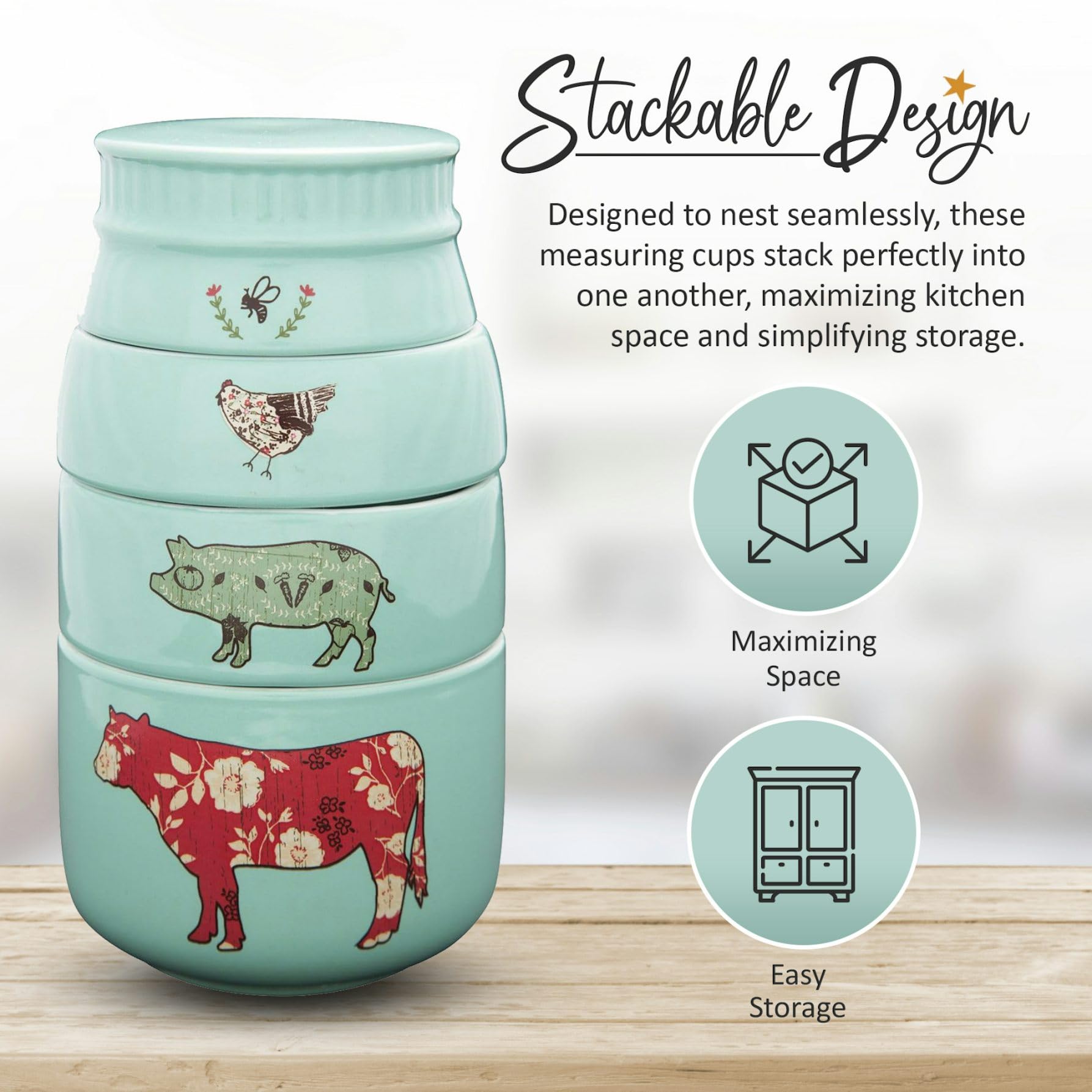 Pavilion Gift Company - 'Live Simply Bee, Chicken, Pig, And Cow' - 4-Piece Stoneware Measuring Cups Set, Sturdy Farmhouse-Style