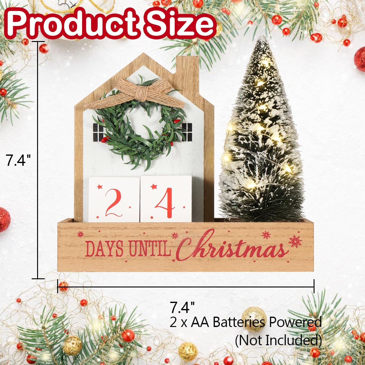 Christmas Tree Countdown Block LED Lighted 99 Days Until Christmas Wreath Calendar Tabletop with Timer Number Date Rustic Wooden