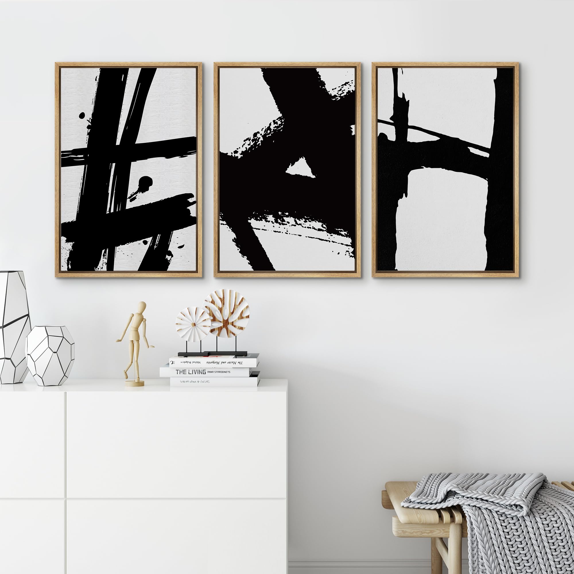 Signford Framed Canvas Print Wall Art Set Abstract Black And White Brushstrokes Illustrations Modern Art Relax/Calm For Living R
