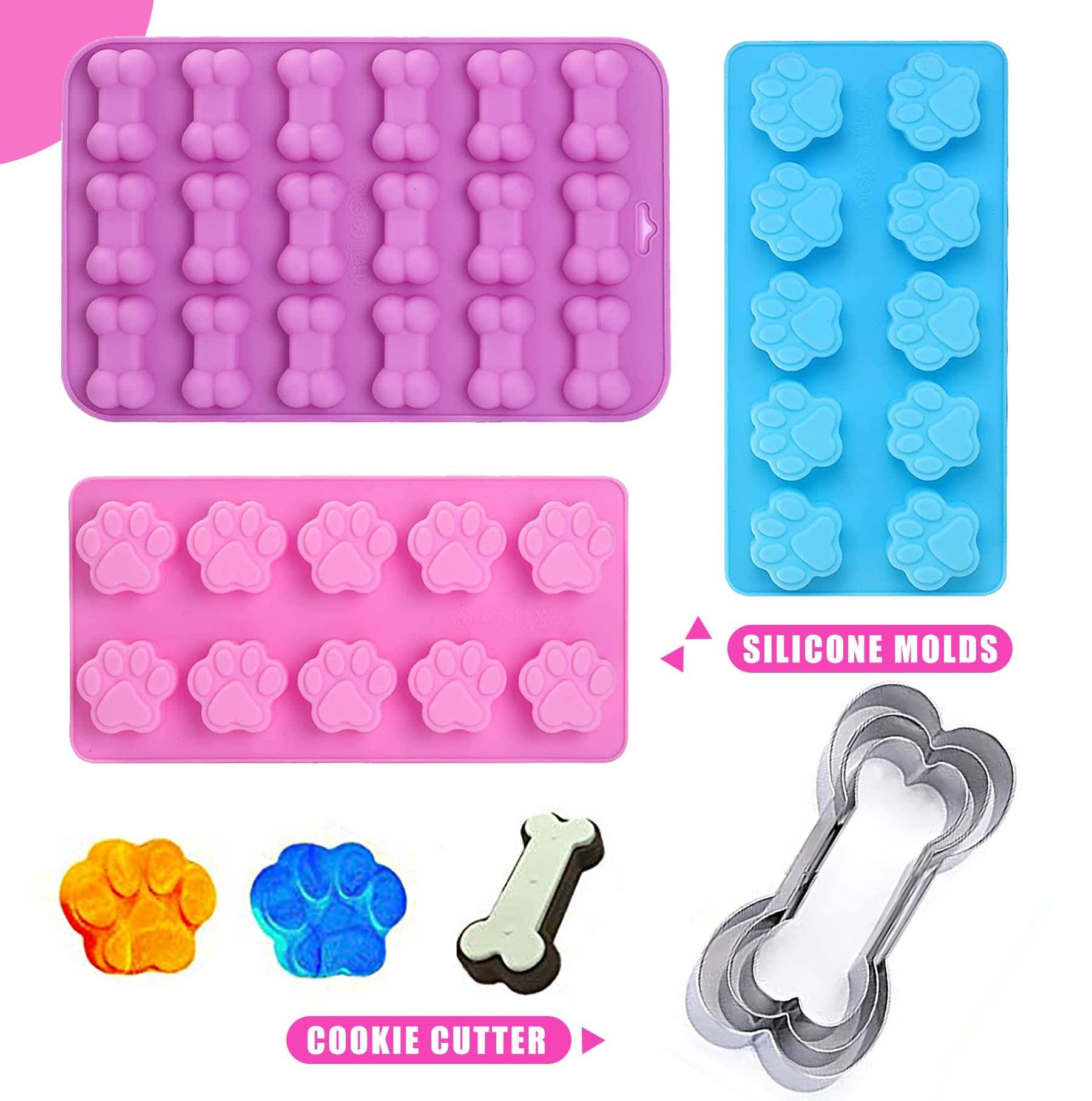 Set Of 6, 3 Packs Silicone Molds Puppy Dog Paw And 3 Packs Stainless Steel Bone Cookie Cutter,For Homemade Treats And Cat Dog An