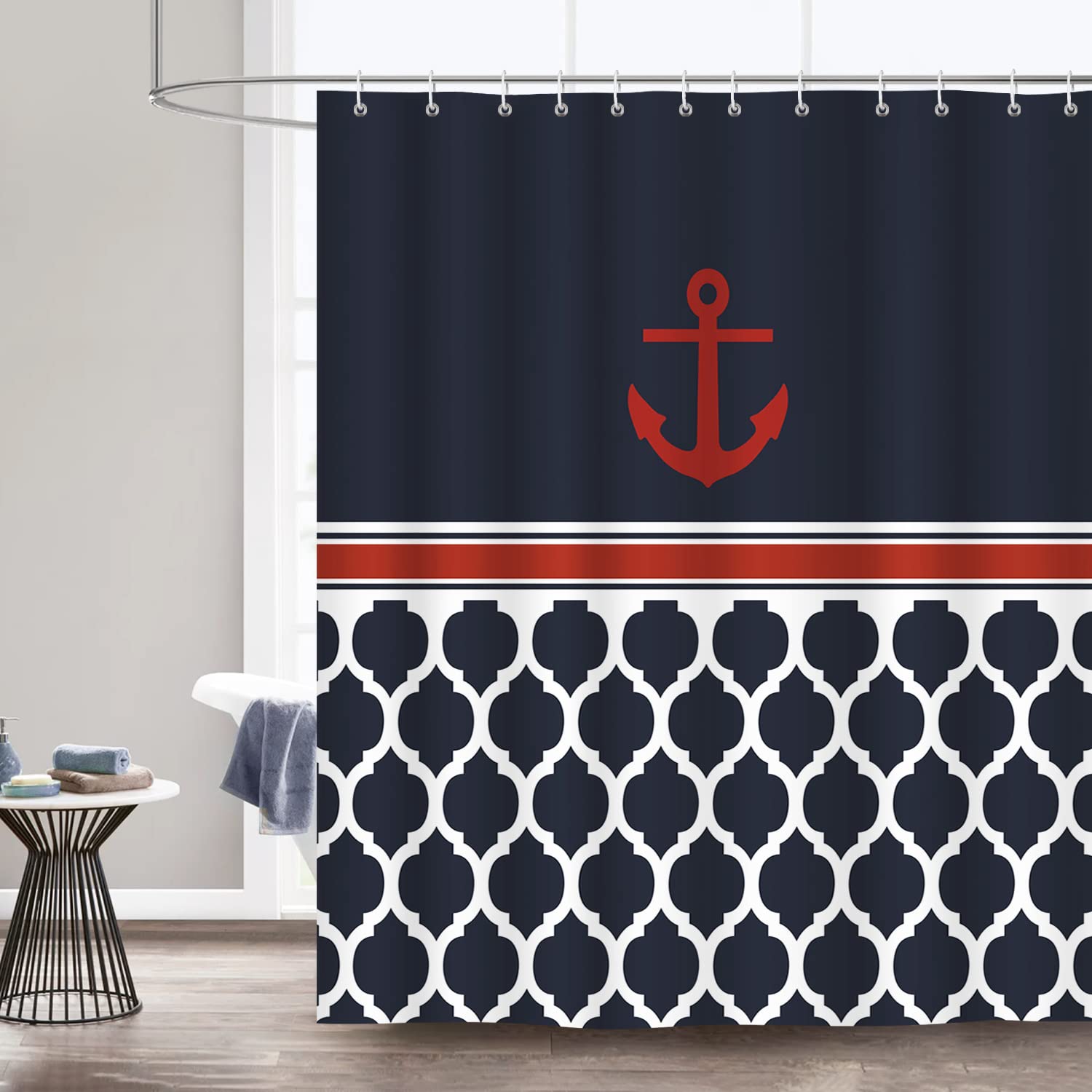 Bonhause Nautical Anchor Shower Curtain With 12 Hooks Navy Blue Geometric Decorative Bath Curtain 72 X 72 Inch Polyester Fabric