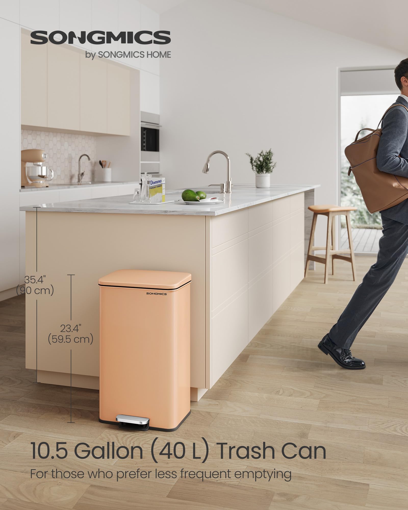 Songmics Kitchen Trash Can, 10.5 Gallon (40 L) Garbage Can, Large Step Trash Bin With Lid, Stainless Steel, Soft Close, 15 Trash