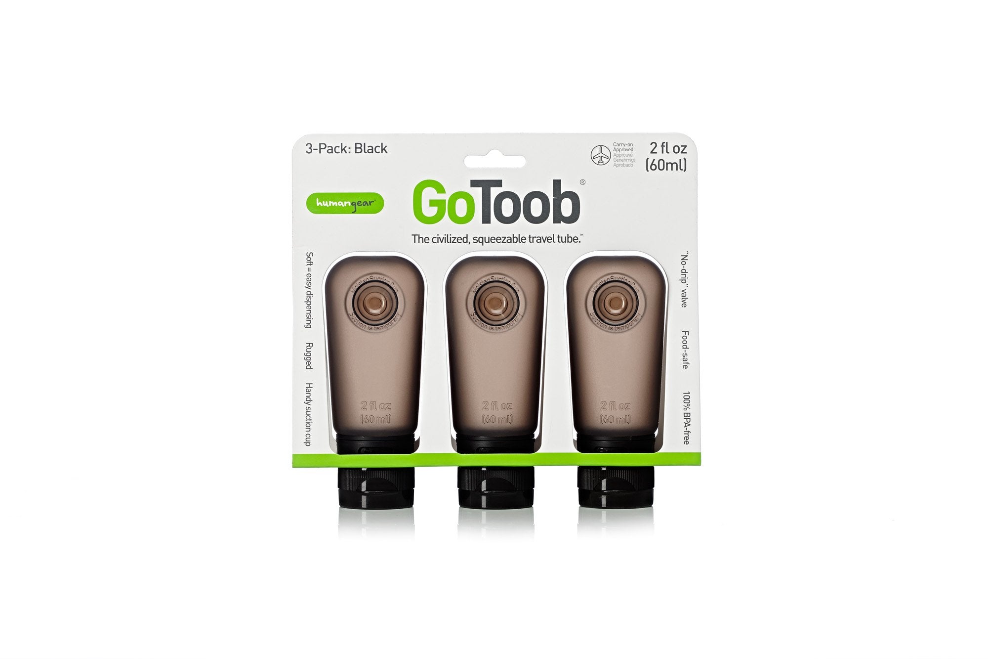 Humangear Gotoob Refillable Silicone Travel Size Bottles For Women, Men, Toiletries, Beauty, Cosmetics, 3Pk Set, Black, 2 Fl Oz
