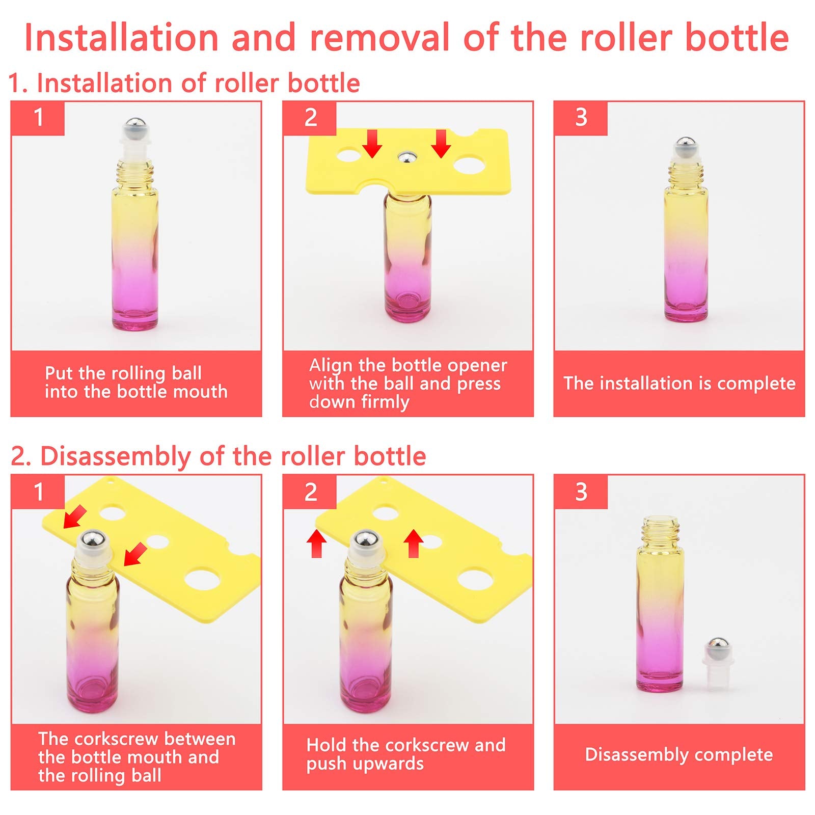 Jiuwu 10 Pack 10Ml 1/3 Oz Gradient Color Glass Stainless Ball Roller Bottles Beauty Cosmetic Essential Oils Vials Bottles 5 Funn