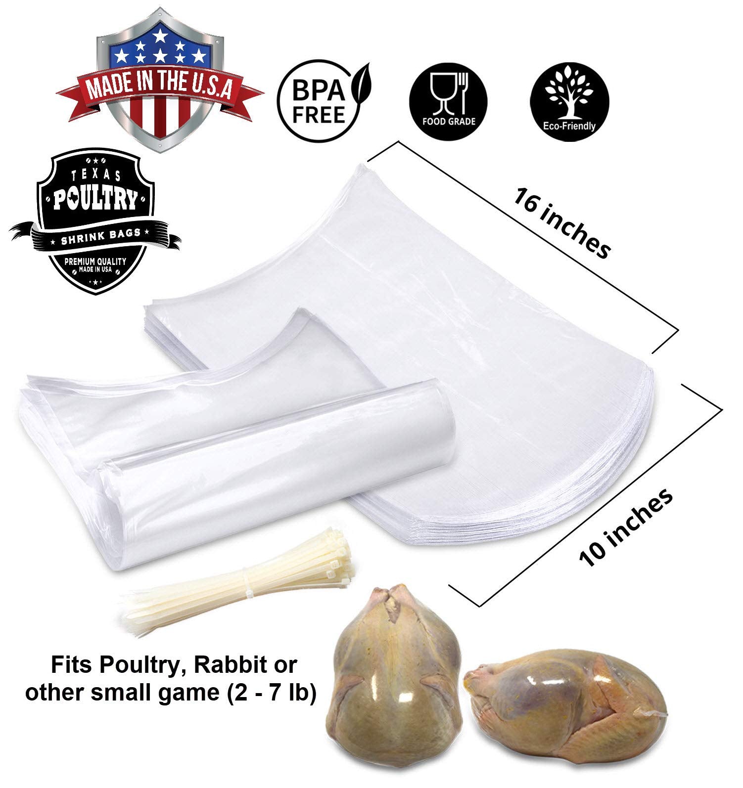 Poultry Shrink Bags - 100 Clear 10'' X 16'' For Whole Chickens Or Rabbits W/ 100 Zip Ties Included / 2.5 Mil Freezer Safe Commer