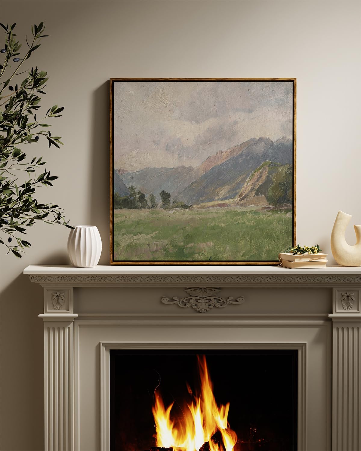Insimsea Square Framed Canvas Wall Art, Large Decor Retro Prairie Mountain Landscape Paintings, Nature Scenery Wall Pictures For
