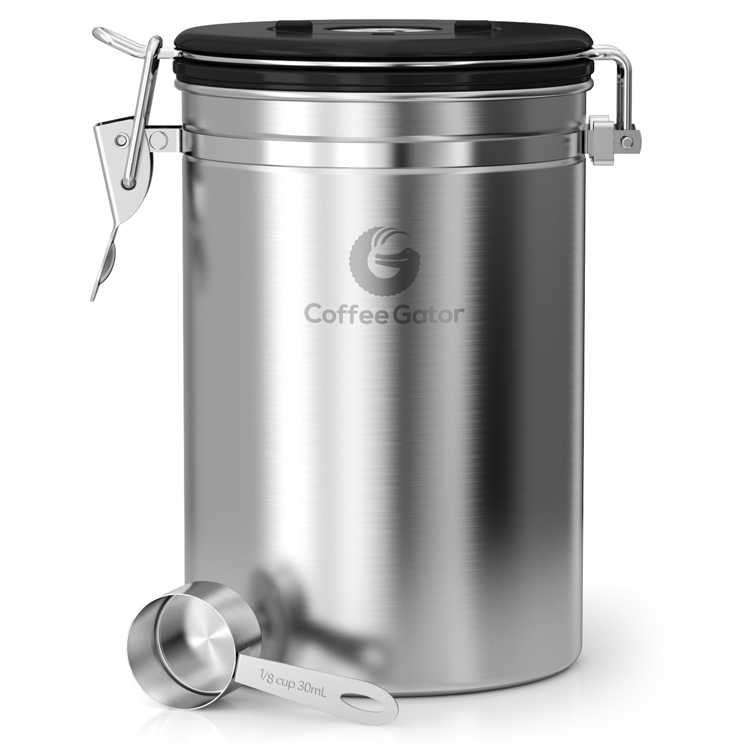 Coffee Gator Stainless Steel Canister - Large 22Oz, Silver Coffee Grounds And Beans Container With Date-Tracker, Co2-Release Val
