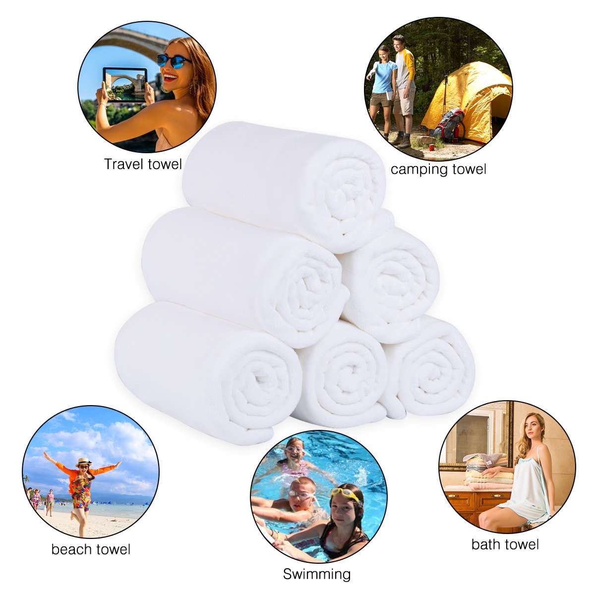 Jml Microfiber Bath Towels, Bath Towel Sets (6 Pack, 27'' X 55'') - Extra Absorbent And Fast Drying, Multipurpose White Microfib