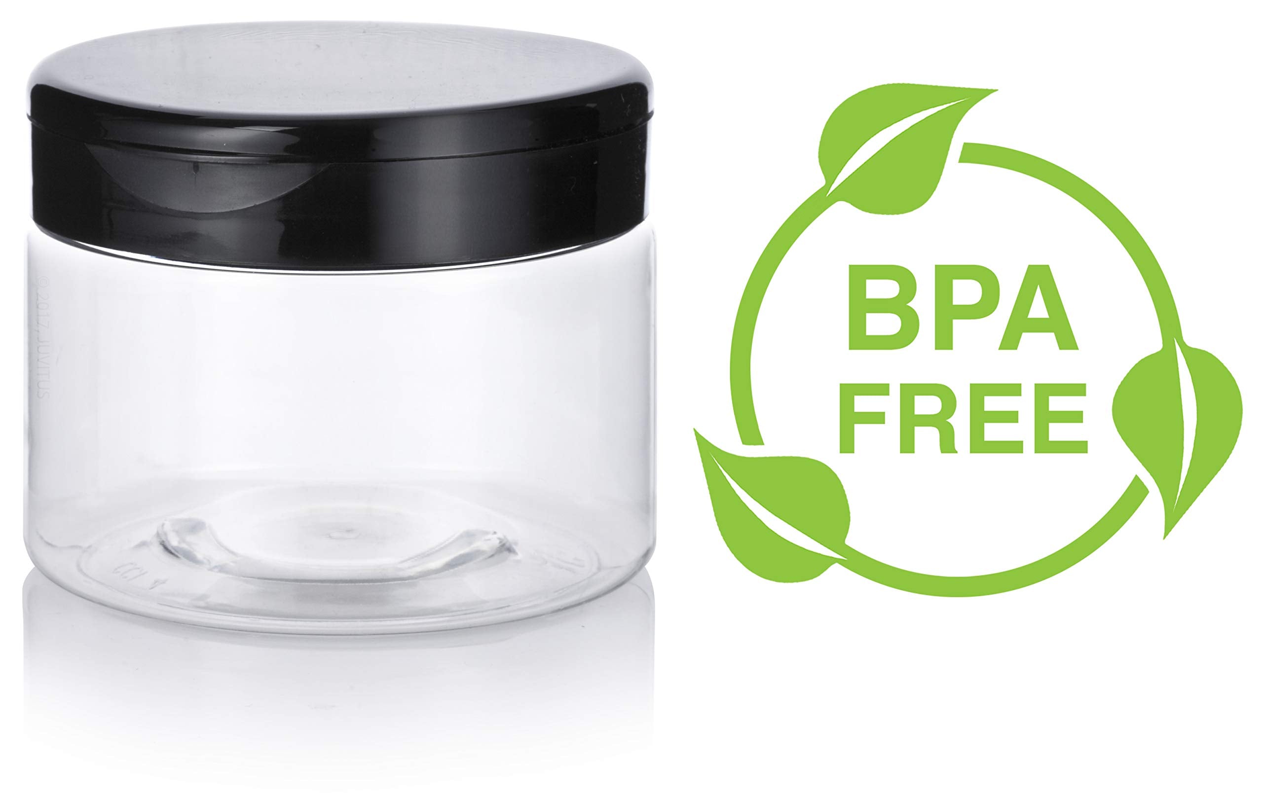 Juvitus Clear Pet Plastic (Bpa Free) Refillable Low Profile Jar With Black Flip Top Cap - 12 Oz (12 Pack)
