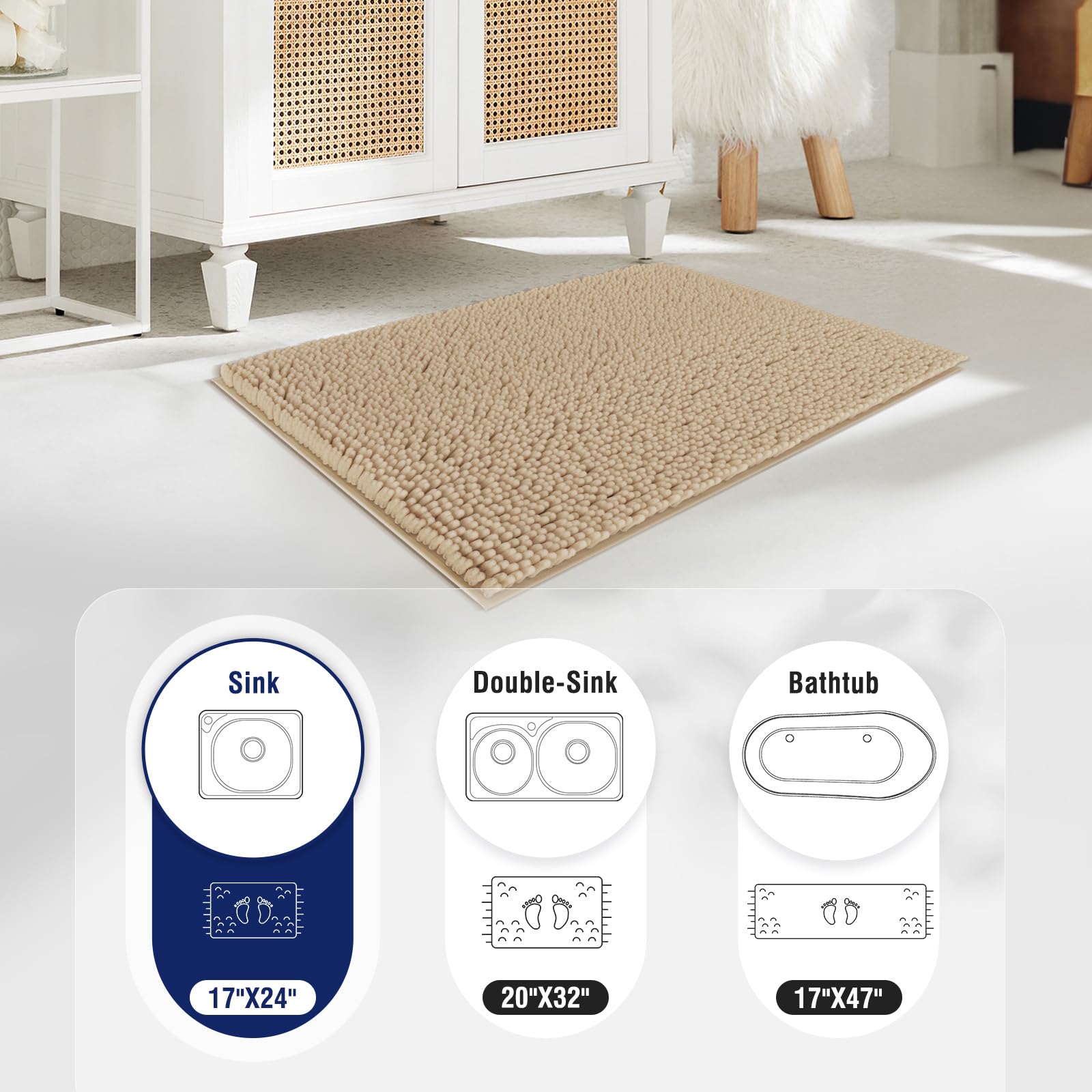 Techmilly Soft Fluffy Chenille Bathroom Rugs, Non Slip Absorbent Bath Mats For Bathroom, Washable And Quick Dry, Khaki, 17'' X 2