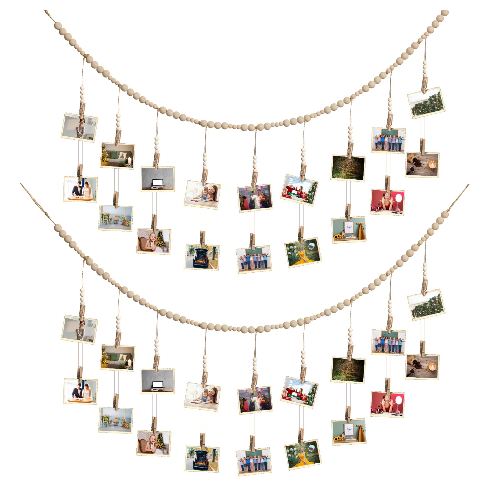 Kathfly 2 Pcs Hanging Photo Display with 36 Wood Clips DIY Boho Collage Picture Frame Wooden Beads Garland Hanging Picture Holde