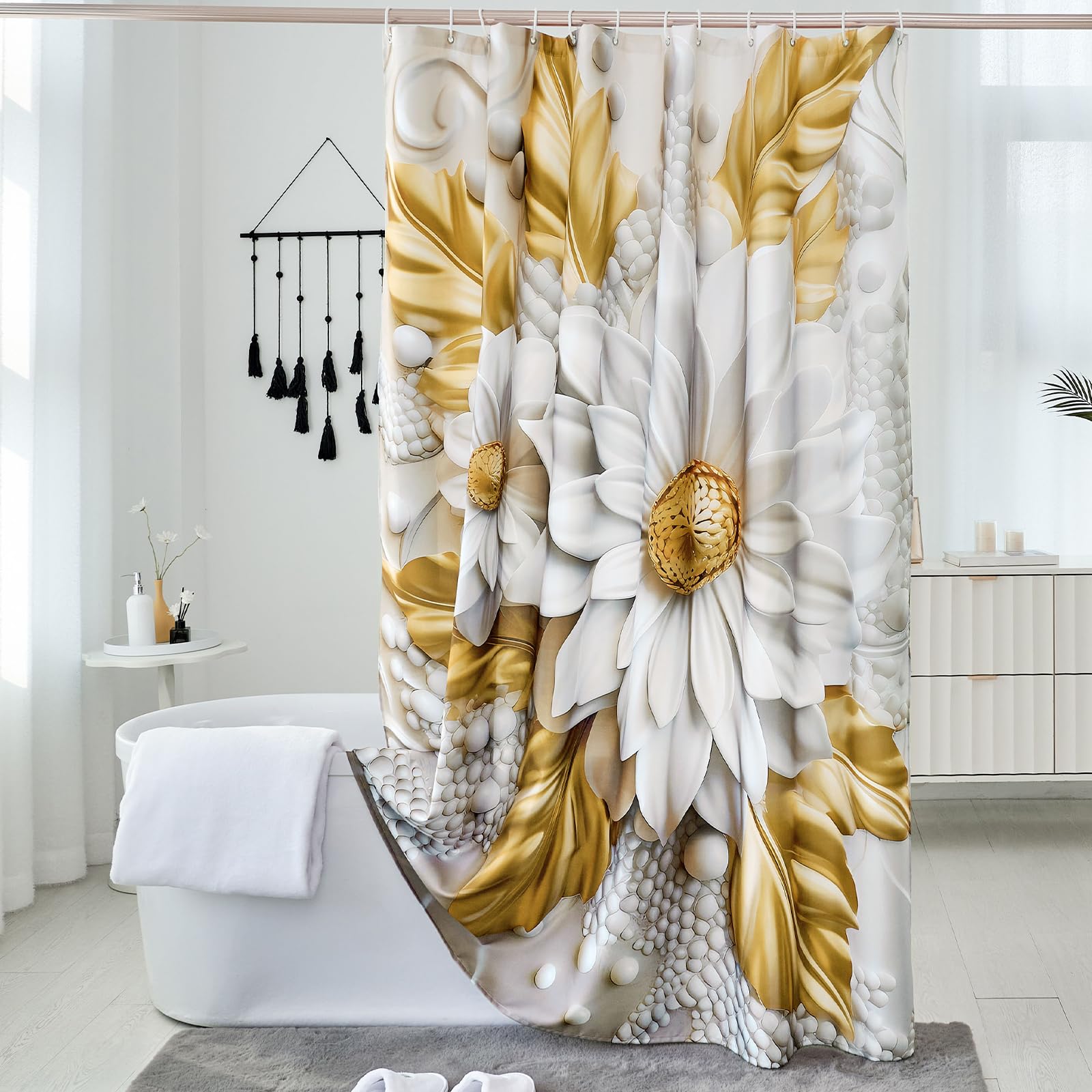 Macofe Luxurious Golden Floral Shower Curtain, Beige Tone With White Flower Pearlescent Fabric Bathroom Decor, Waterproof & Wash