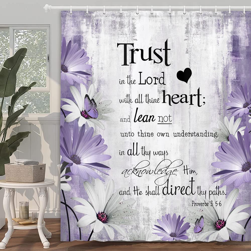 Rustic Farmhouse Purple Shower Curtain Bible Verse Inspirational Shower Curtain Country Farm Bright Violet Daisy Flowers Butterf
