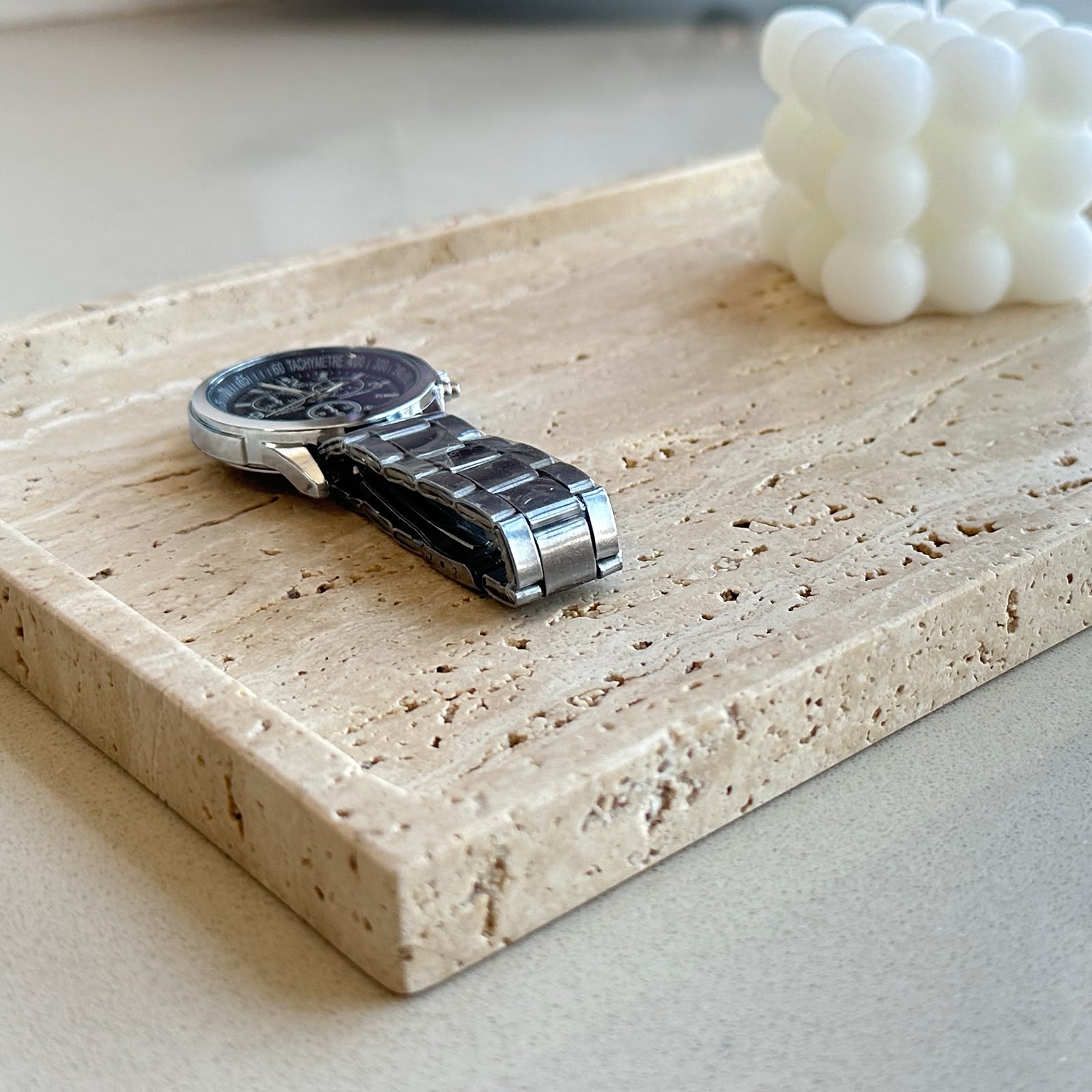 Ghyfgd Real Natural Travertine Tray Genuine Marble Stone Storage Tray For Dresser/Vanity/Bathroom (Beige Travertine, 12'' X 8'')