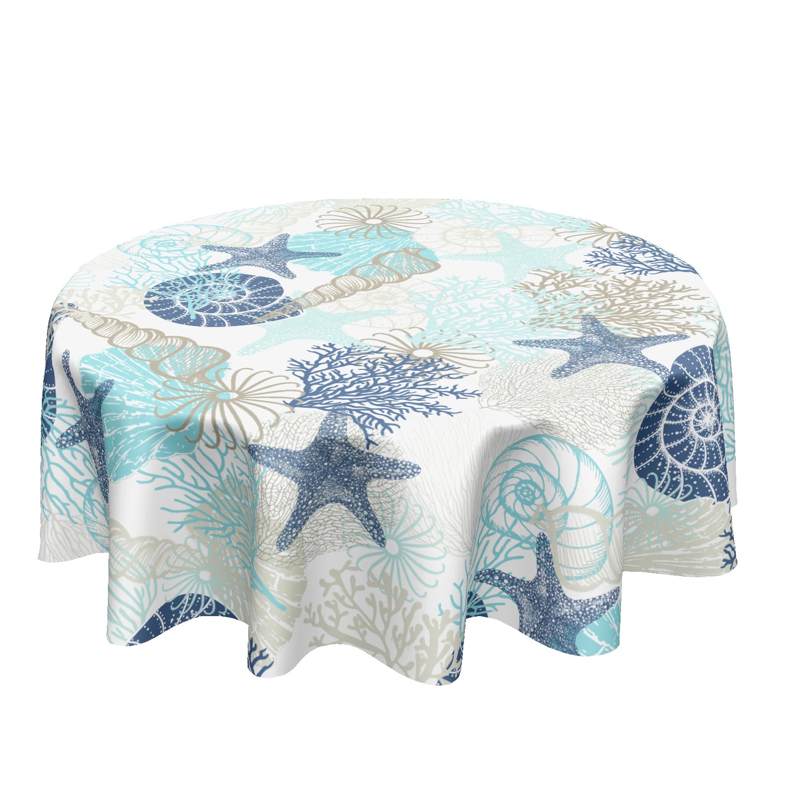 Coastal Round Tablecloth 60 Inch Nautical Ocean Coral Starfish Seashell Printed Table Cloth Summer Beach Theme Washable Polyester Table Cover for Kitchen Dining Room Party Indoor Outdoor Home Decor
