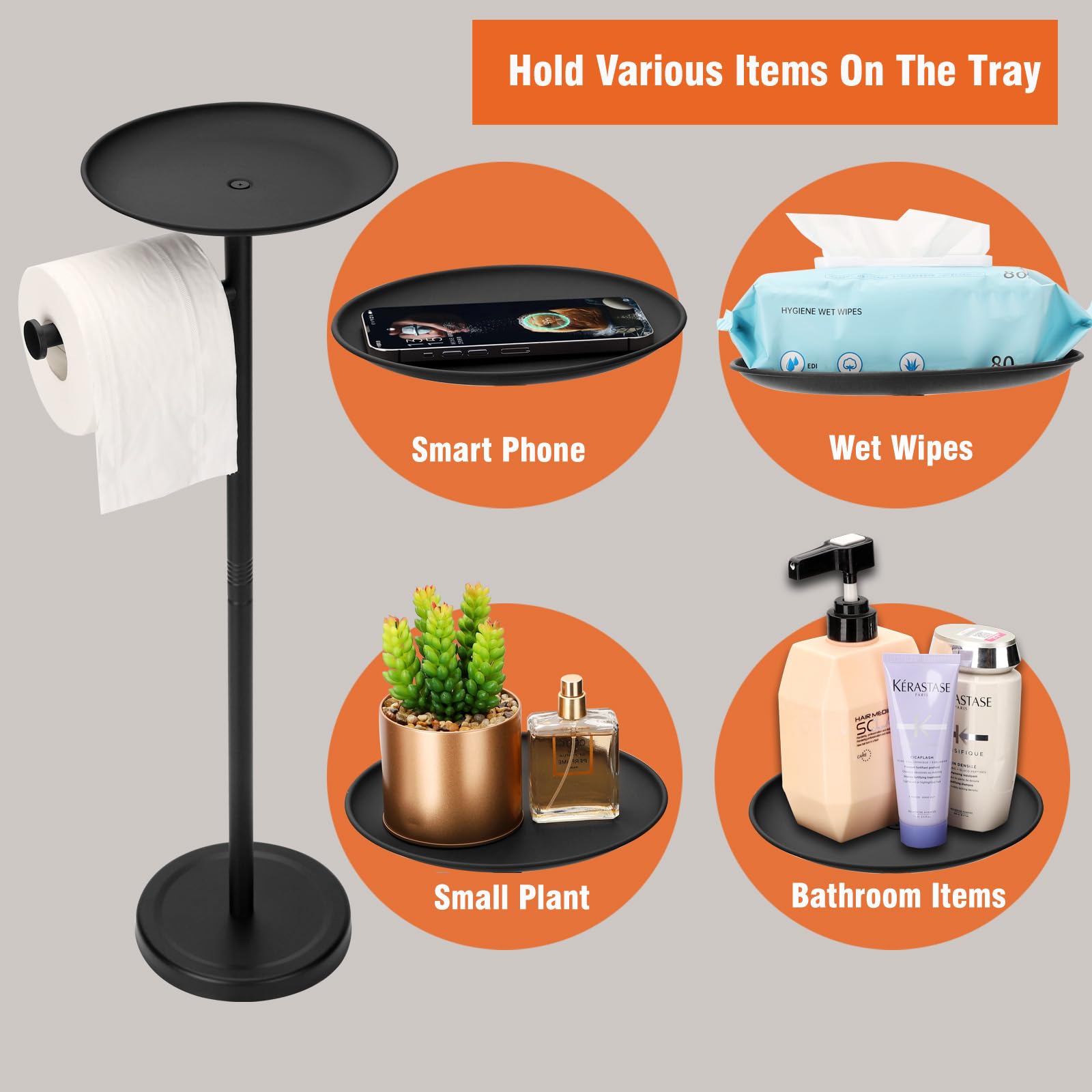 Tofix Toilet Paper Holder With Shelf, Black Toilet Paper Holder With Tray At The Top, Freestanding Toilet Paper Holder Stand (St