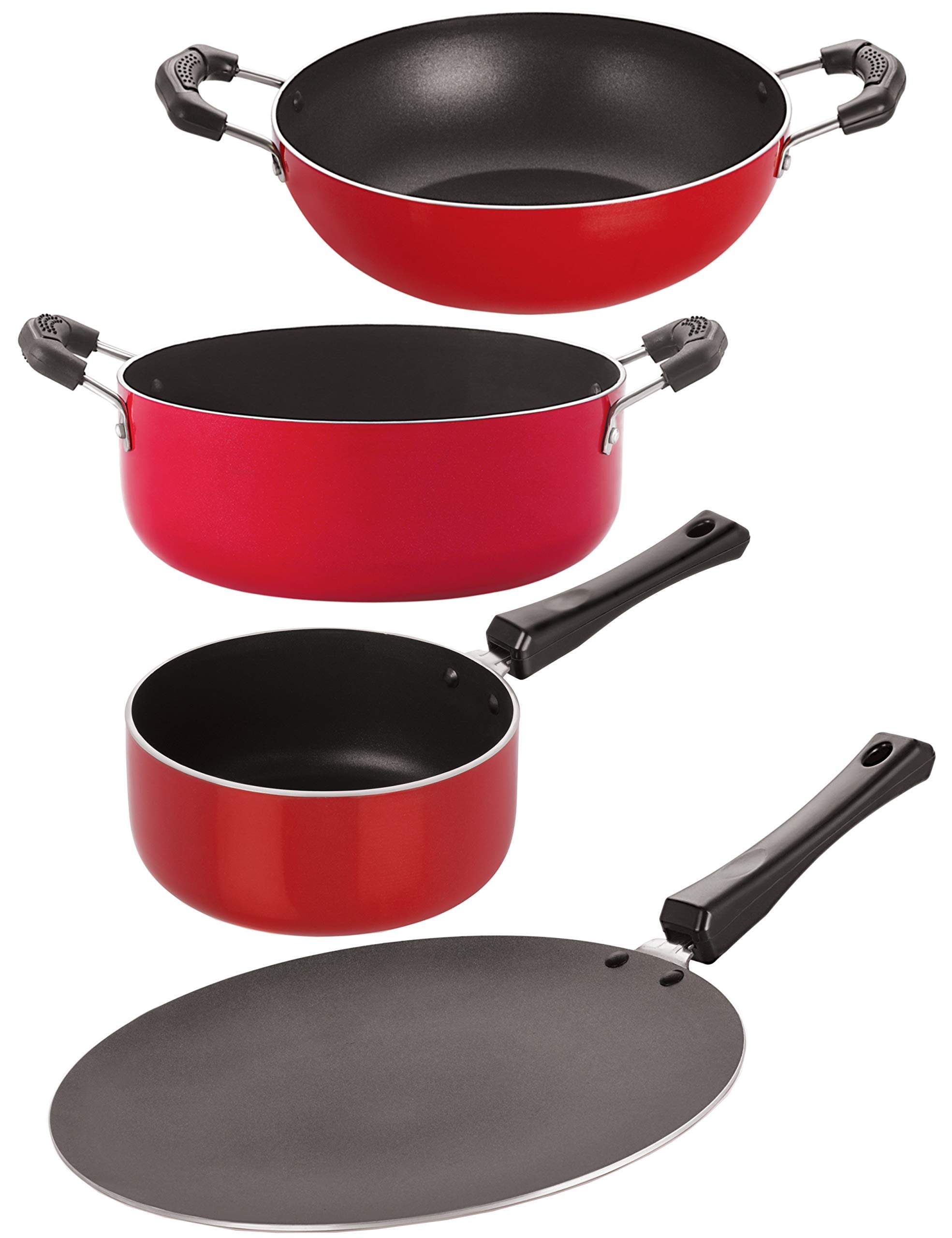 Nirlon NonStick Cookware Kitchen Cooking Essential Combo Set Red (4Pieces) (Ct11_Kd12_Sp(M)_Cs24)