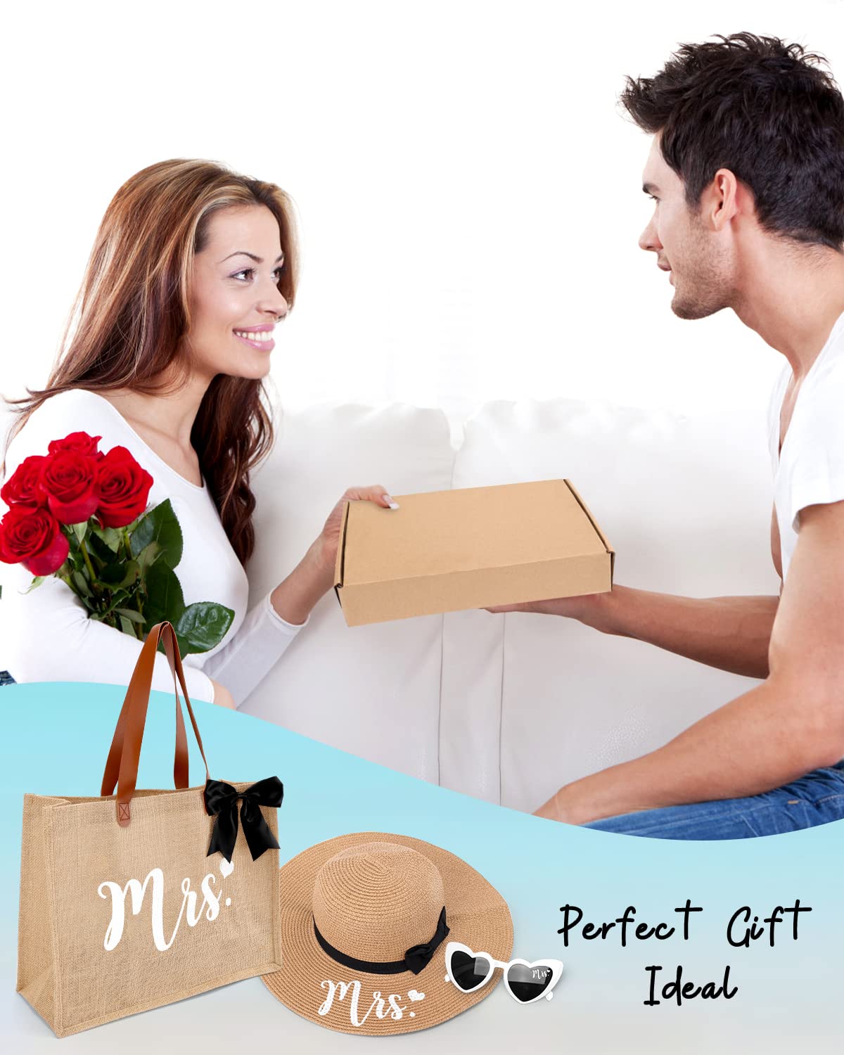 Percozzi Mrs. Tote Bag Sun Hat Glasses Set Bride-To-Be 2023 Bridal Shower Gift With Cute Heart Basket For Bride Wifey Honeymoon