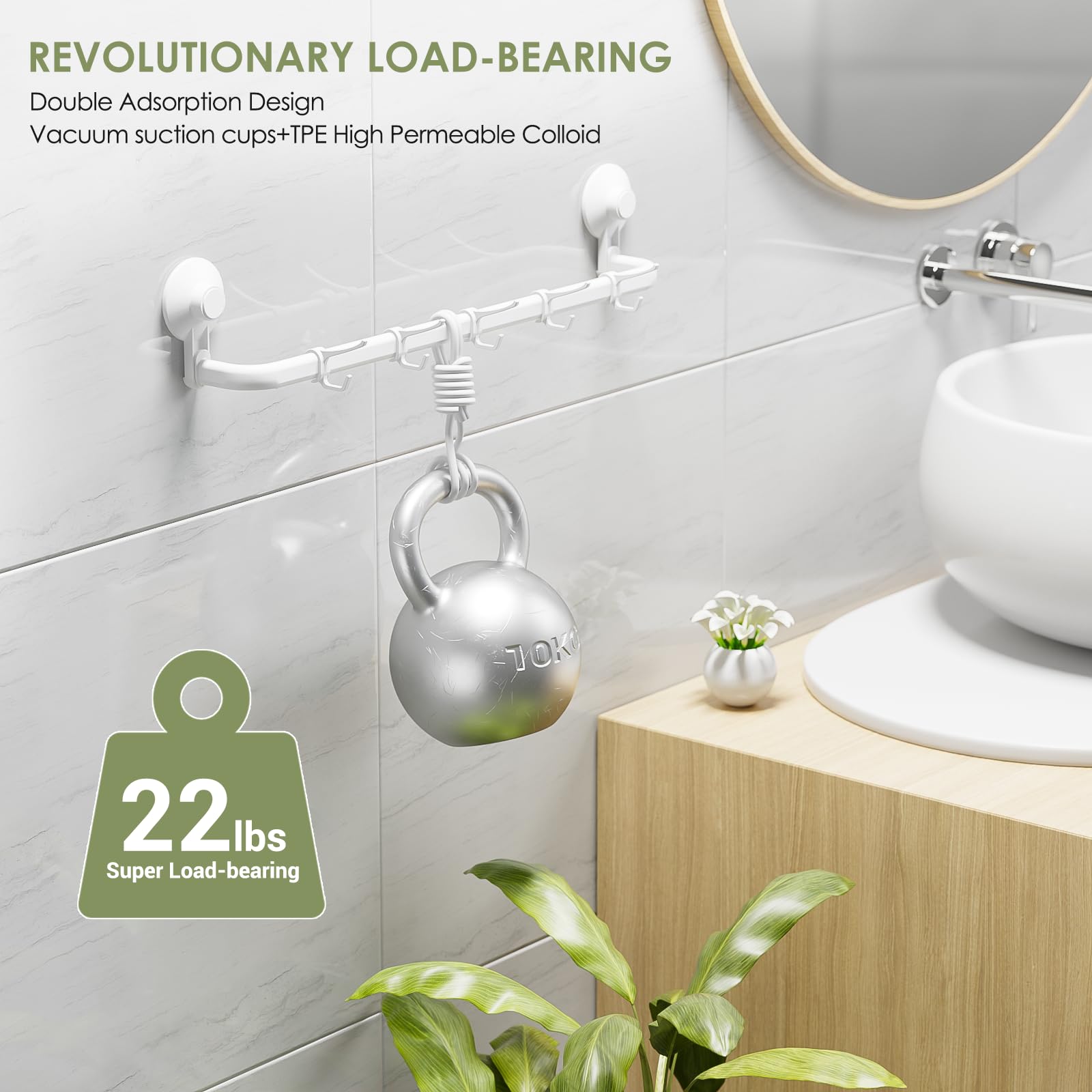 Luxear Suction Cup Towel Bar, 24 Inch Adhesive Bathroom Towel Bar, No Drill Hand Towel Holder With 5 Sliding Hooks, Wall Mounted