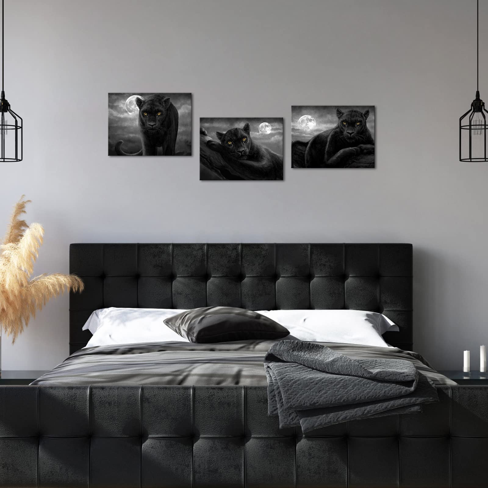 Sechars Panther Canvas Wall Art Black And White Animal And Full Moon Painting Picture Print Wildlife Leopard Artwork For Living