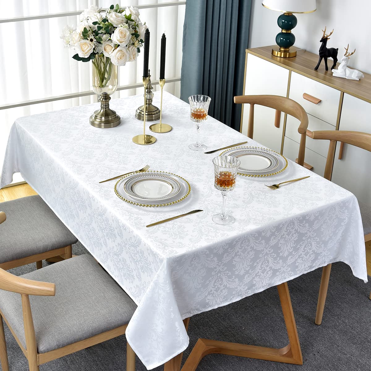 Sastybale White Tablecloth Rectangle 60 X 120 Inch Jacquard Damask Tablecloth, Spill Proof & Wrinkle Free Table Cloth, Heavy Dut