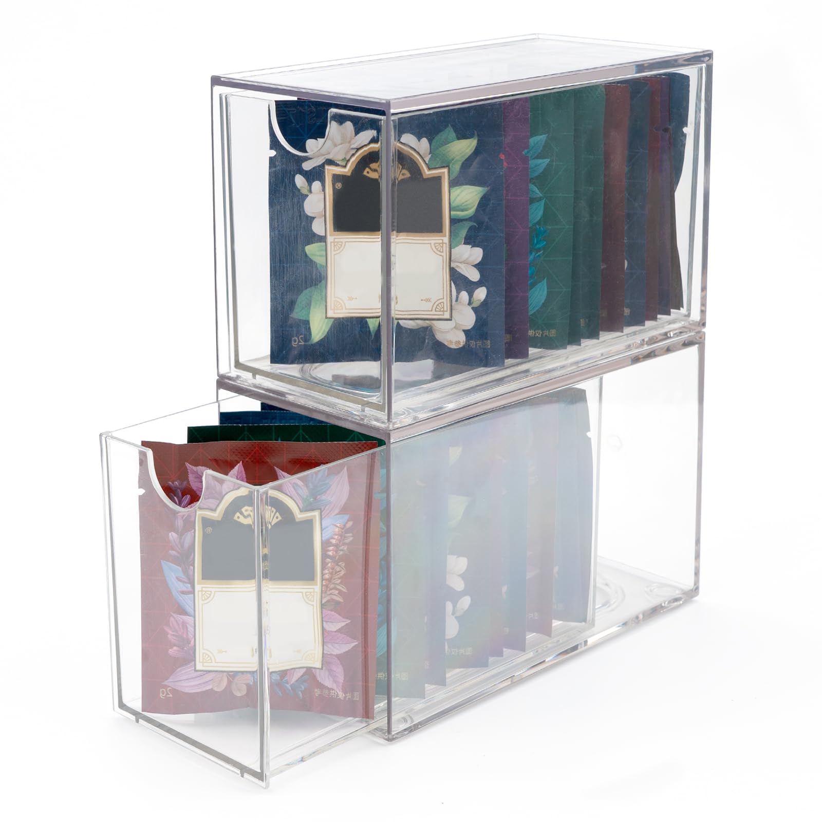 Mevtok 2 Pack Tea Bag Drawers Organizer, Clear Plastic Stackable Tea Bag Storage Holder For Kitchen - 3'' X 6.5'' X 3.9''