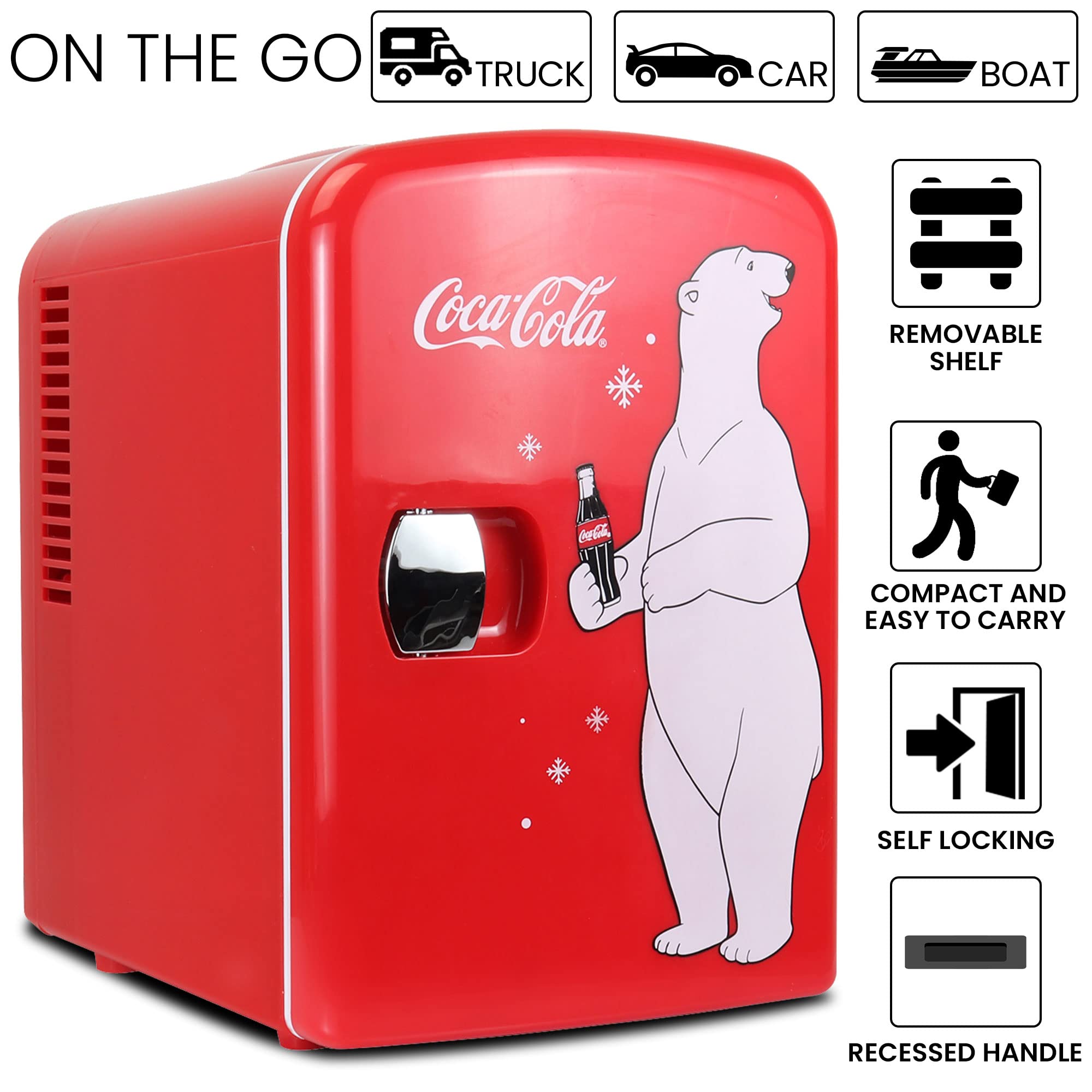 Coca-Cola 4L Portable Cooler/Warmer, Compact Personal-Travel-Fridge For Snacks Lunch Drinks Cosmetics, Includes 12V And Ac Cords