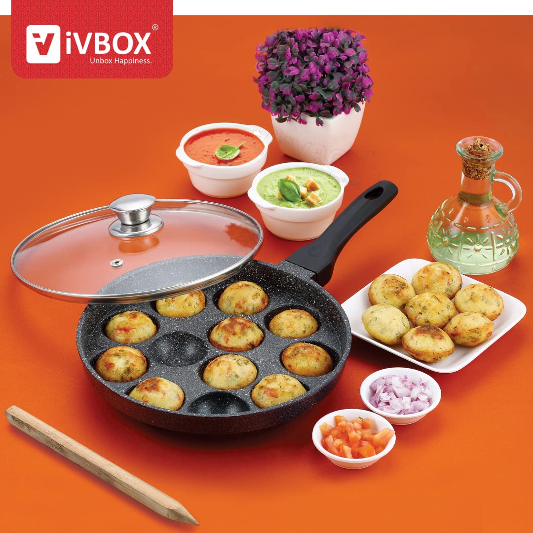 ivbox MAX-PRO Appam Pan Heavy-Weight Non-Stick appe Paniyarakkal Maker with Glass Lid, Cast Aluminium, Silver Grey