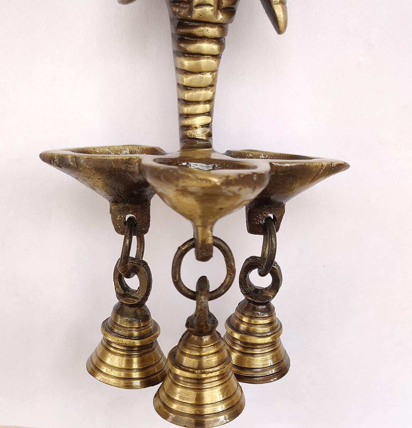 Craftomanic Brass Antique Ganesha Wall Hanging Deepak / 3 Diya with Bells for Home Decor (9.5 inch)