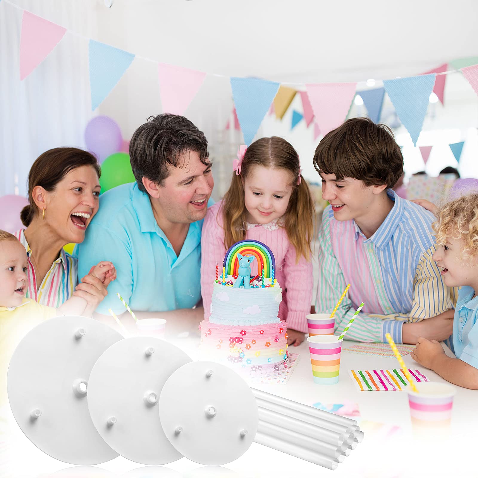 Honeydak 15 Pieces Cake Separator Plates Stands Set Include 3 Pcs Cake Separator Plates 6, 8, 10 Inch Cakes 12 Pcs Plastic Cake