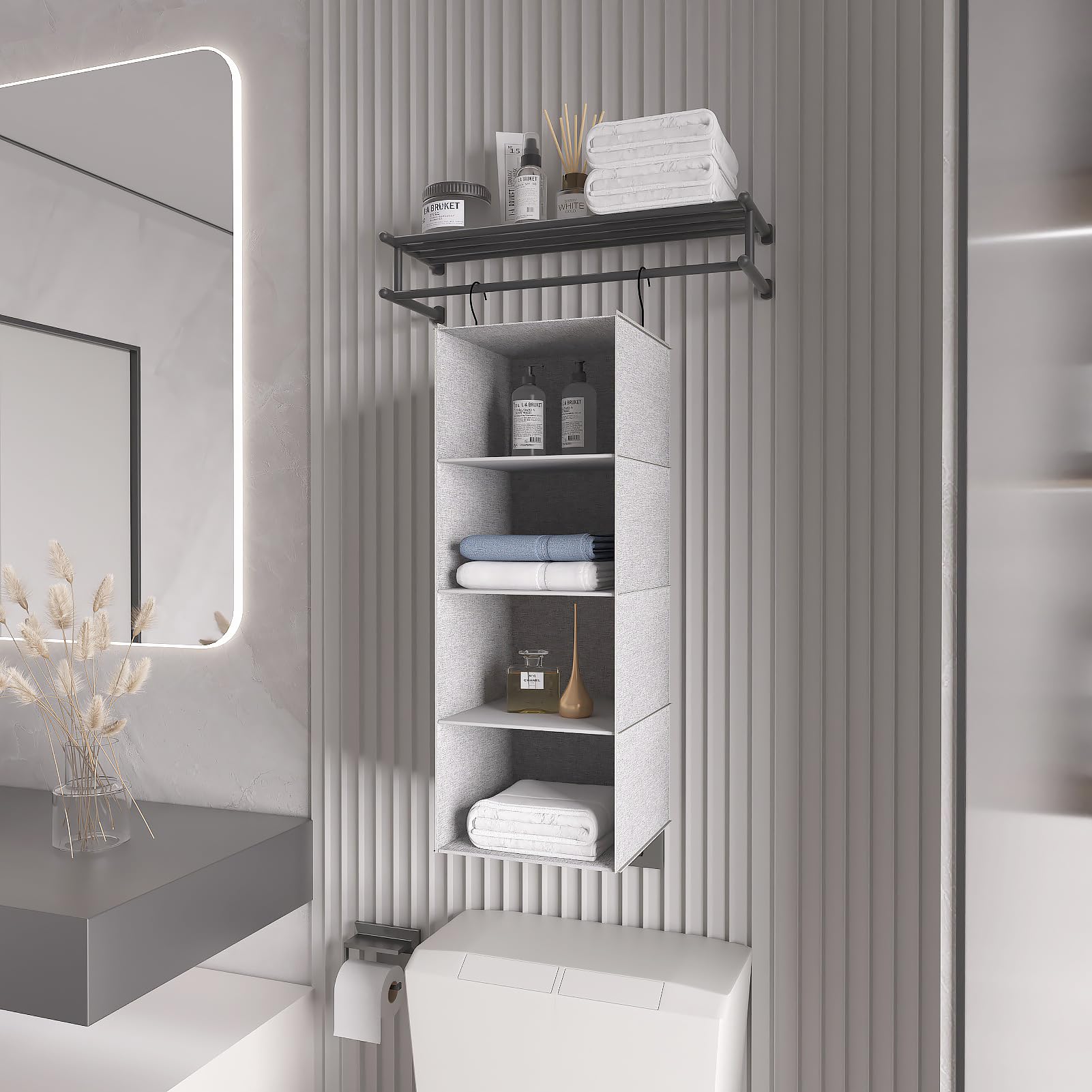 Donyeco Hanging Closet Organizer, Easy Mount Collapsible 4-Shelf Camper Closet Wardrobe Hanging Storage Shelves, Folded Clothes