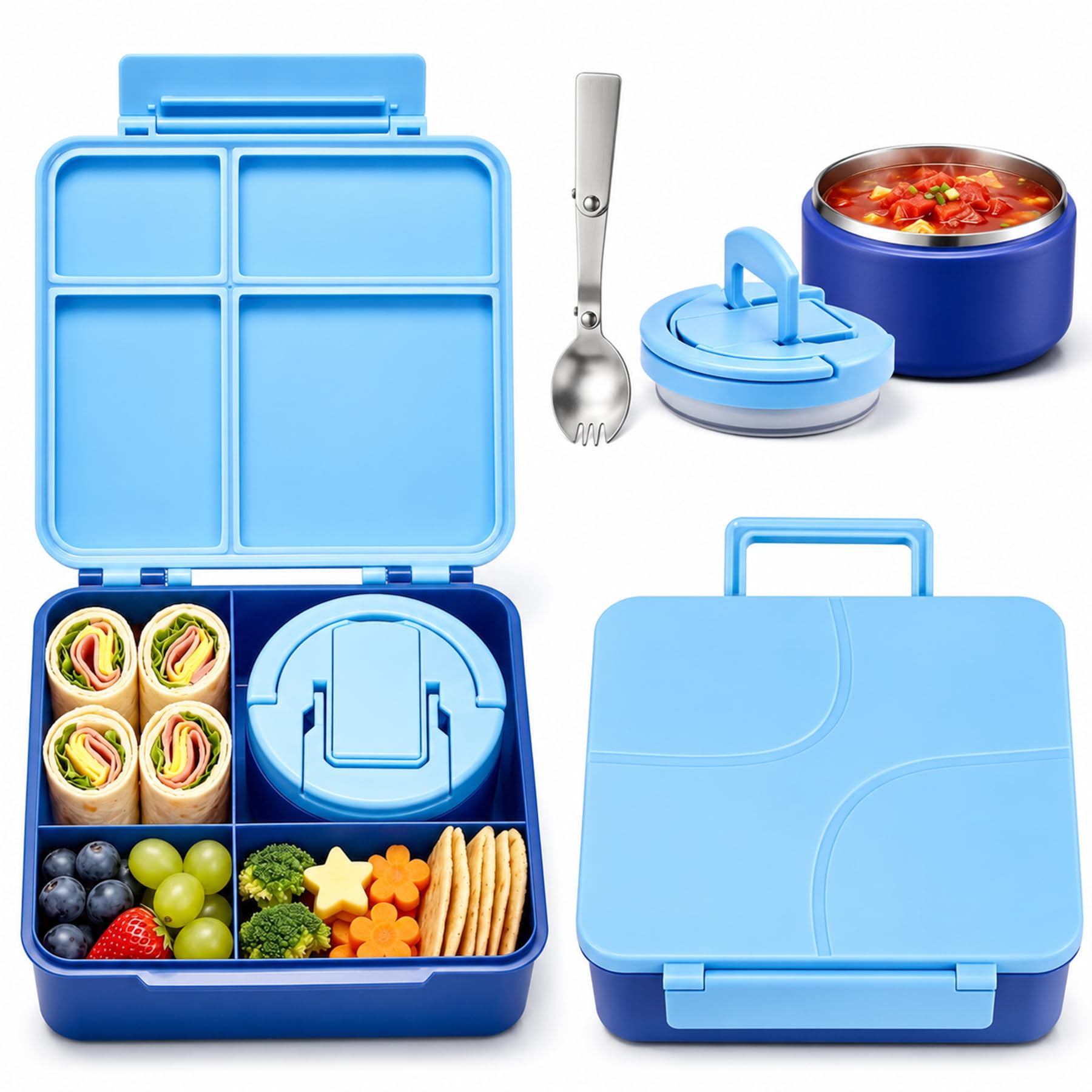 Bento Lunch Box for Kids with 8oz Soup Thermo,Kids Leakproof Lunch Food Containers with 4 Compartment,Kid Insulated Thermo Hot F