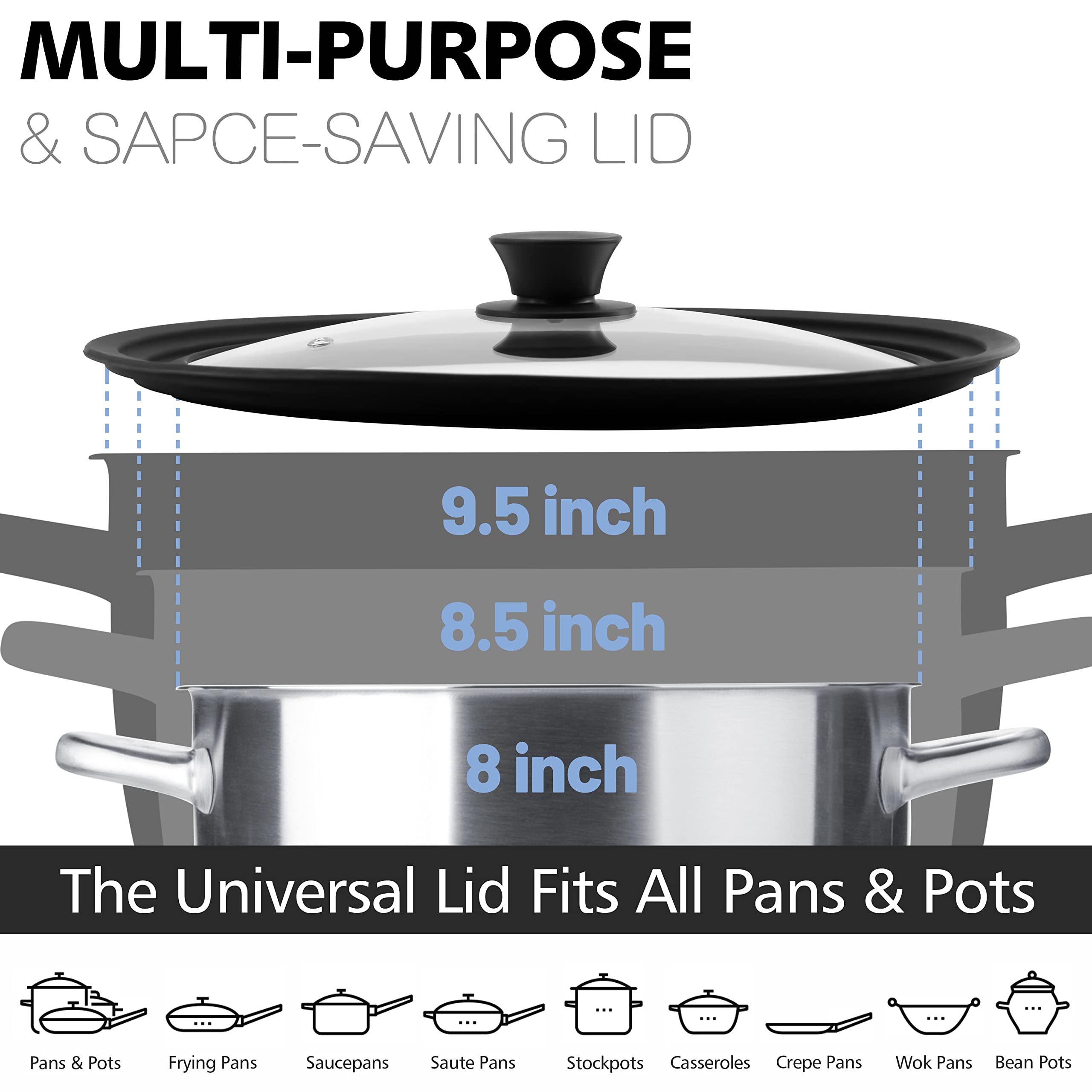 Anaeat Silicone Universal Lid For Pots, Pans And Skillets - Tempered Glass Covered With Heat Resistant Silicone Rim Fits 8, 85 A