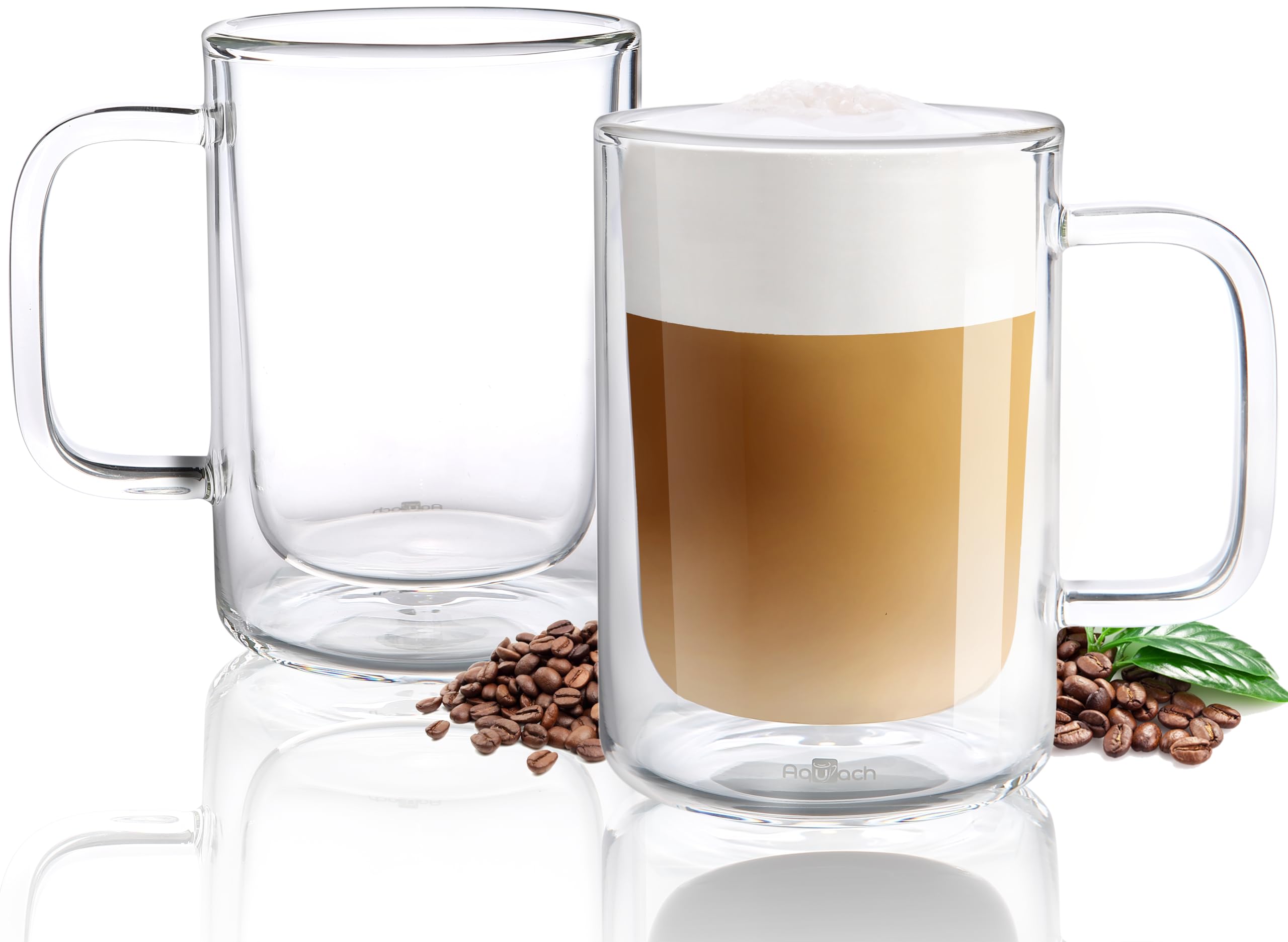 Aquach 12 Oz Double Walled Glass Coffee Mugs With Handle, 2-Pack - Ideal For Latte, Cappuccino And Tea