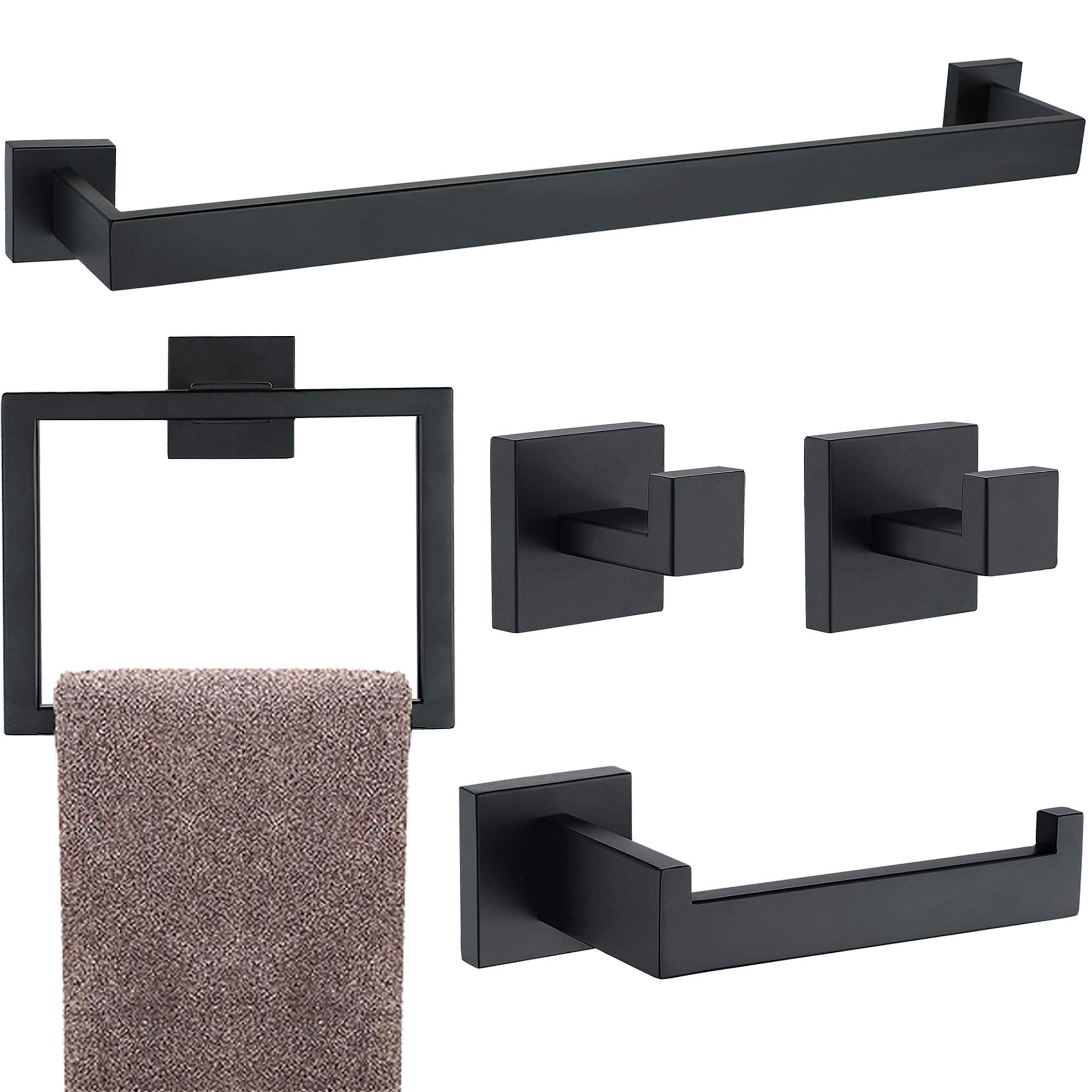 Matte Black 5 Piece Bathroom Hardware Set - 24'' Sus304 Stainless Steel Square Towel Rack With Wall Mount Option