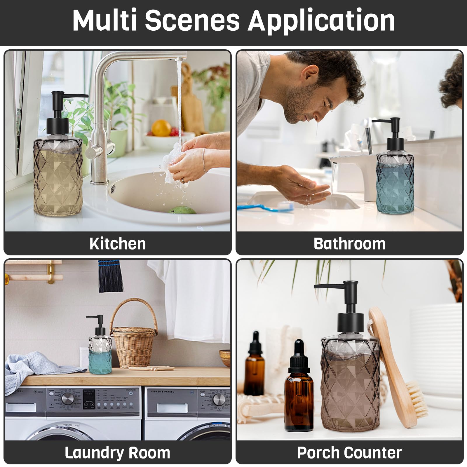 Ulable Glass Soap Dispenser With Plastic Pump, 2 Pack 12Oz Gradient Diamond Design Black Soap Dispenser, Bathroom Soap Dispenser