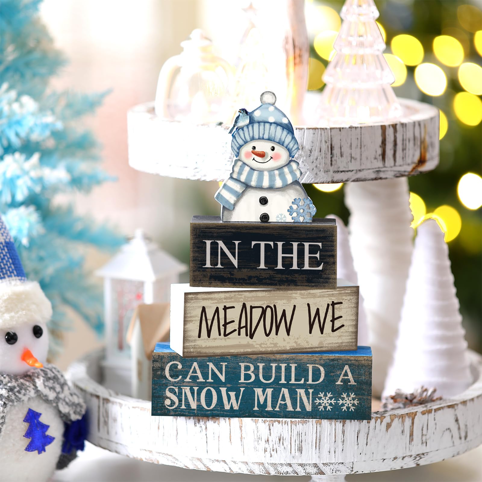 Yuntau 4 Pcs Christmas Table Decorations Wooden Snowman Winter Tiered Tray Decor Rustic Block Signs Gift Farmhouse Christmas Cen