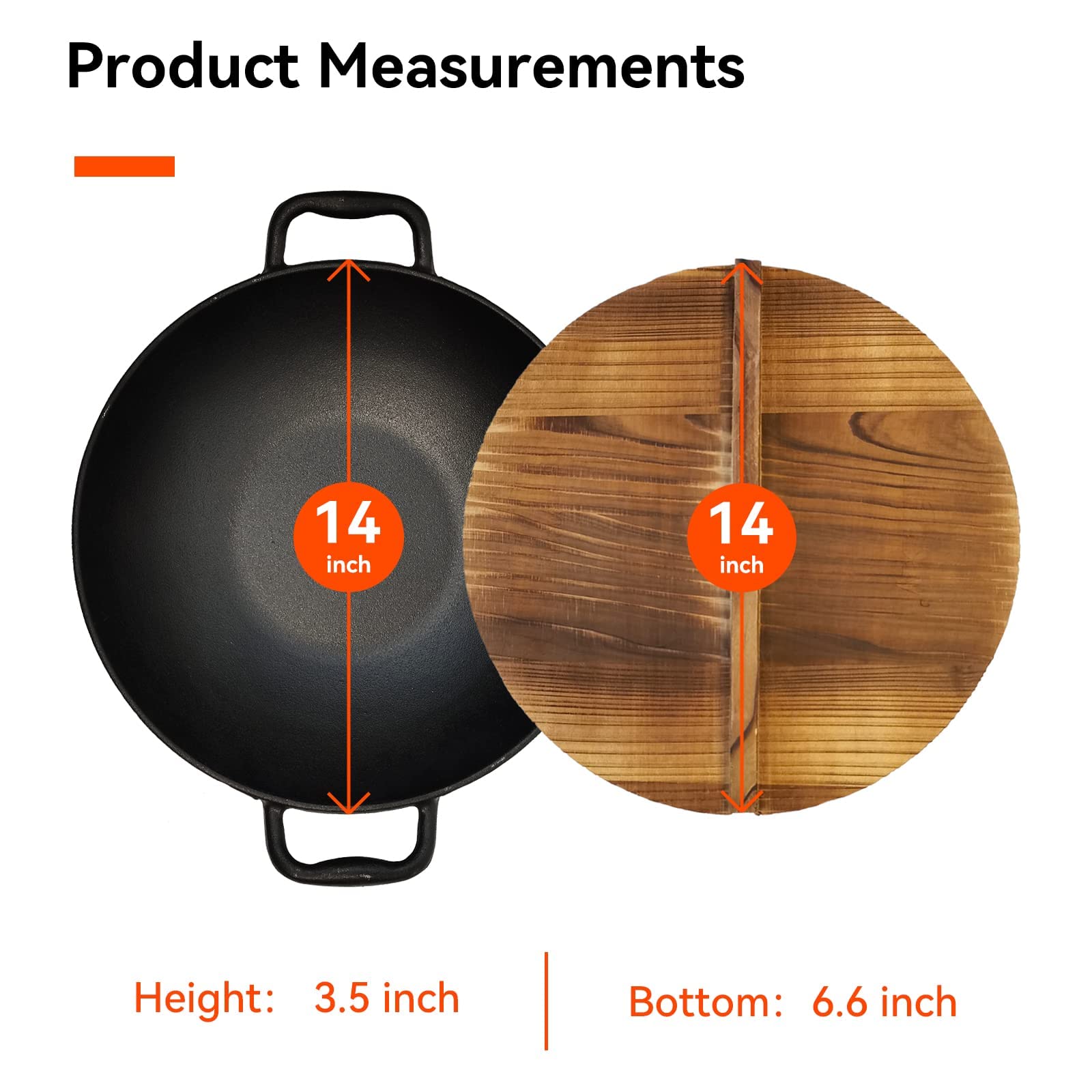 Keleday 14 Inch Cast Iron Wok With Lid, Non Stick, Pre-Seasoned Woks & Stir-Fry Pans With 2 Loop Handles, Uncoated Chinese Handm