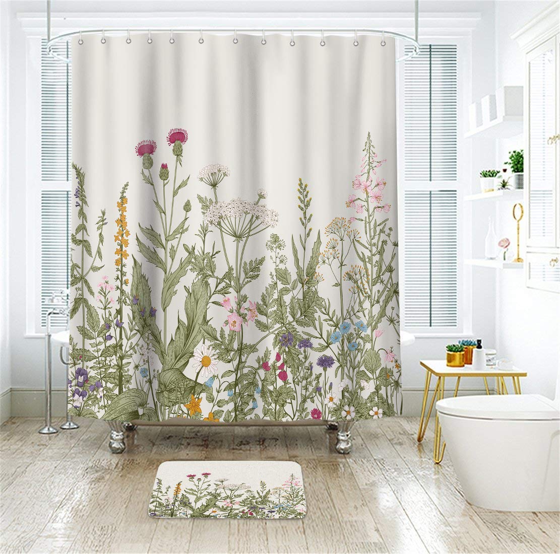 Riyidecor Extra Long Wildflower Shower Curtain for Bathroom Decor 72Wx84H Inch Flower Floral Vintage Botanical Accessories Herbs Plant Bathroom Set Windows Fabric Polyester Waterproof 12 Pack Hooks