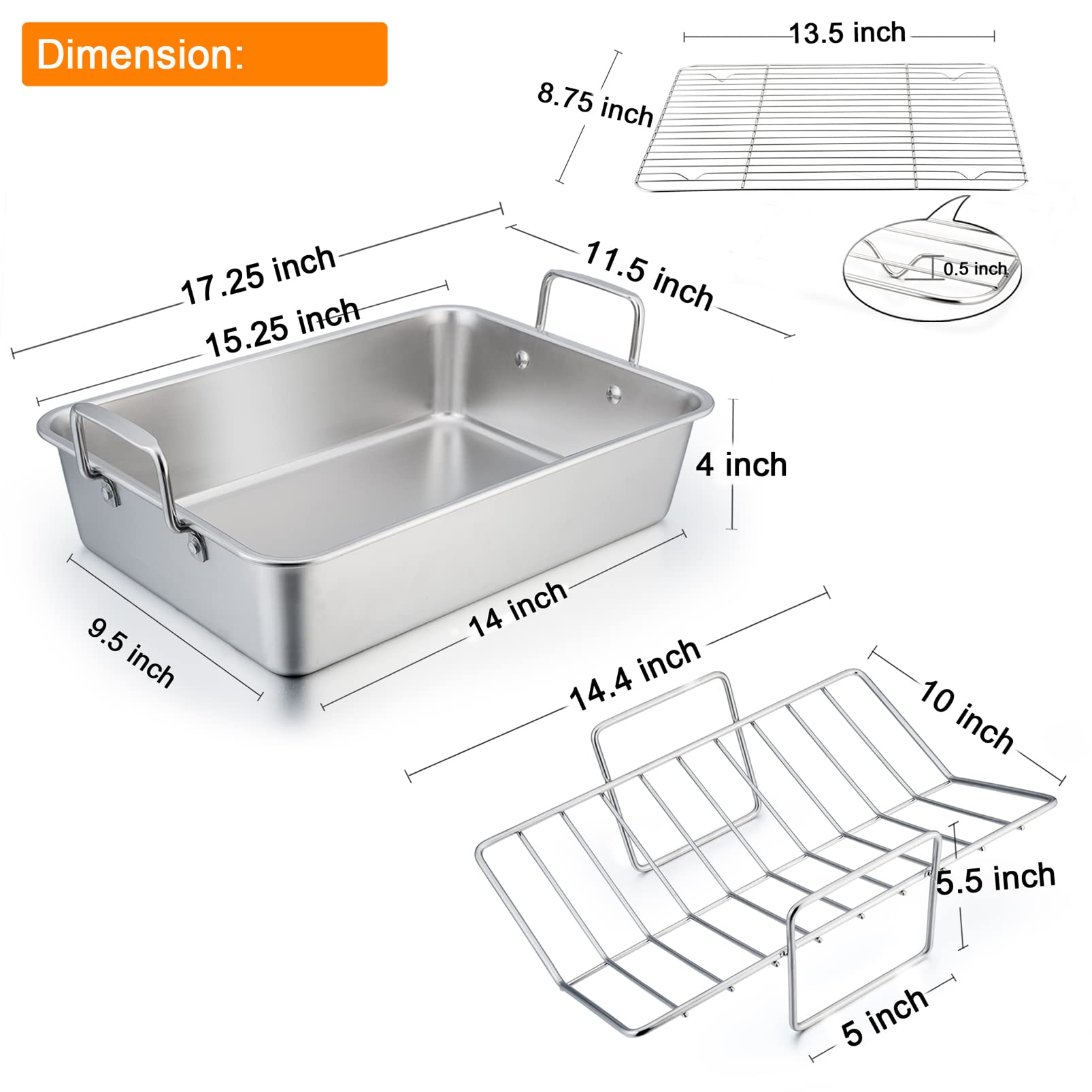 Teamfar Roasting Pan, 15 Inch Large Turkey Roaster Lasagna Pan With V Rack & Cooling Rack Set Stainless Steel For Thanksgiving C