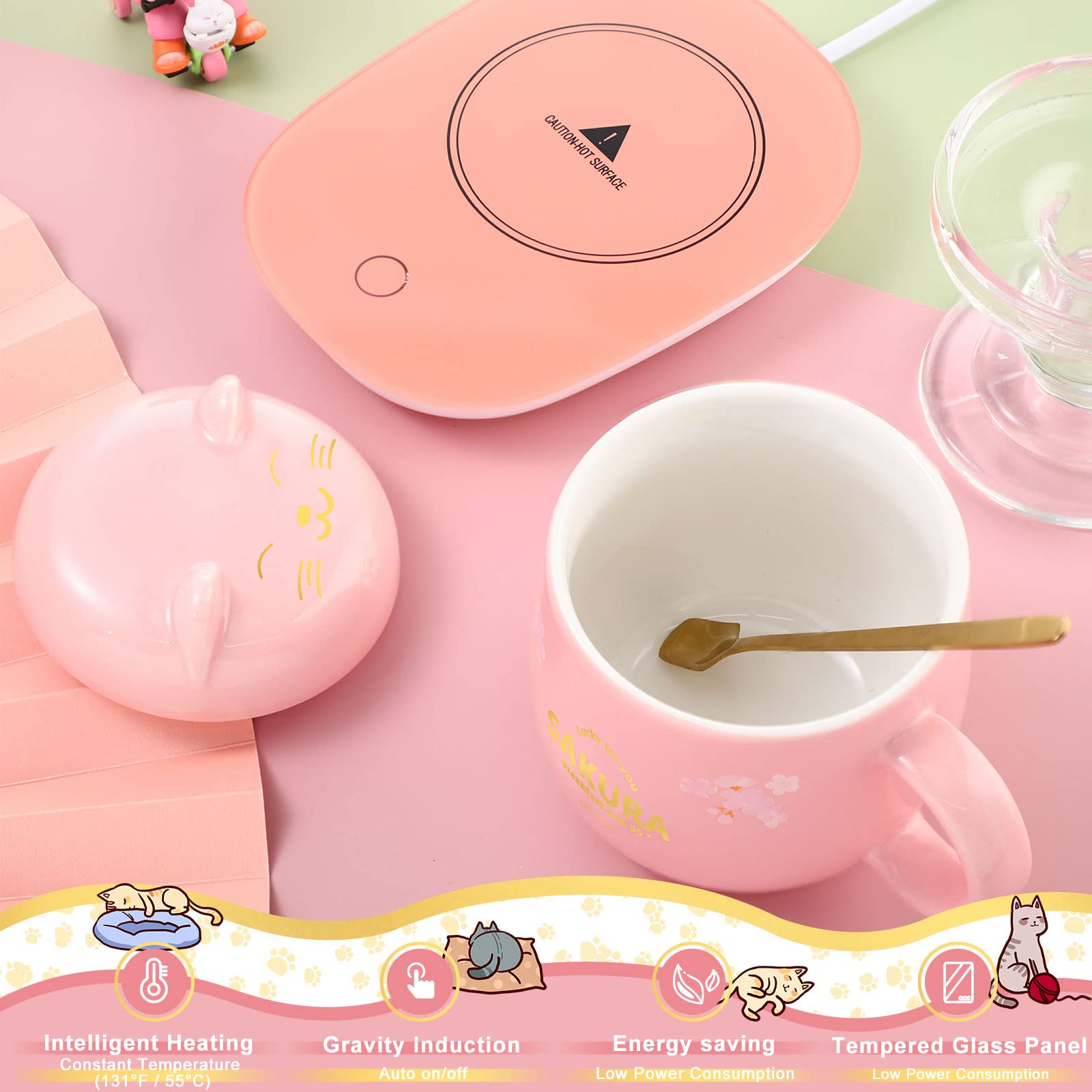 Honeydak Coffee Mug Warmer Cute Cat Mug Set Coffee Cup Warmer For Desk For Women Heated Coffee Warmer For Mom Home Office Christ