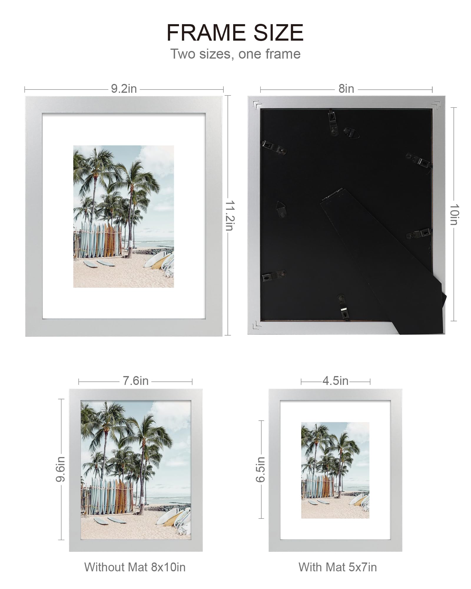 Hongkee 8x10 Picture Frame (4 Pack, Silver) Made of Real Glass and Wooden Frame - Display Pictures 5x7 with Mat or 8x10 Without