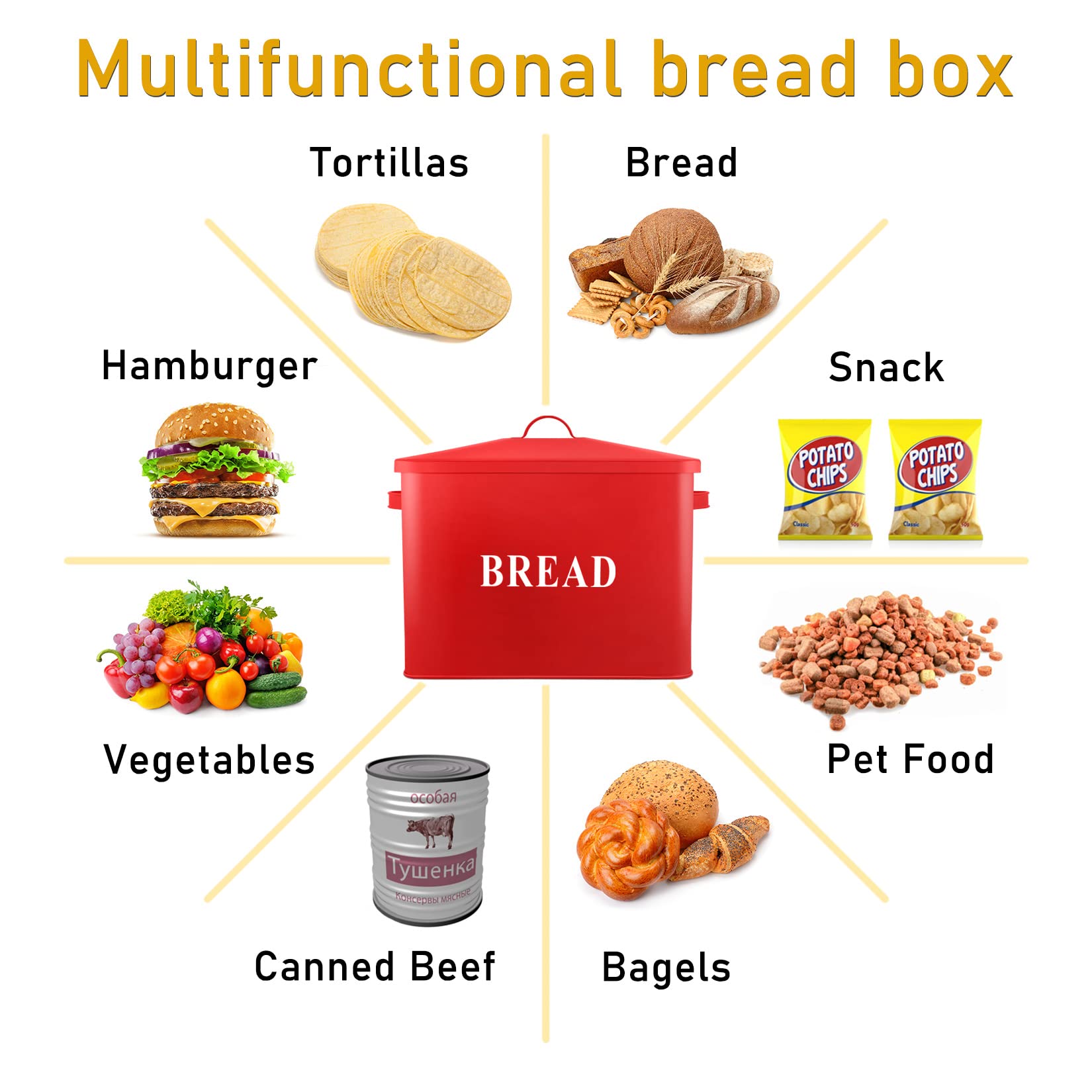 P&P Chef Extra Large Red Bread Box With Lid, Metal Bread Storage Container For Farmhouse Kitchen Countertop, 13.1    X 11.81