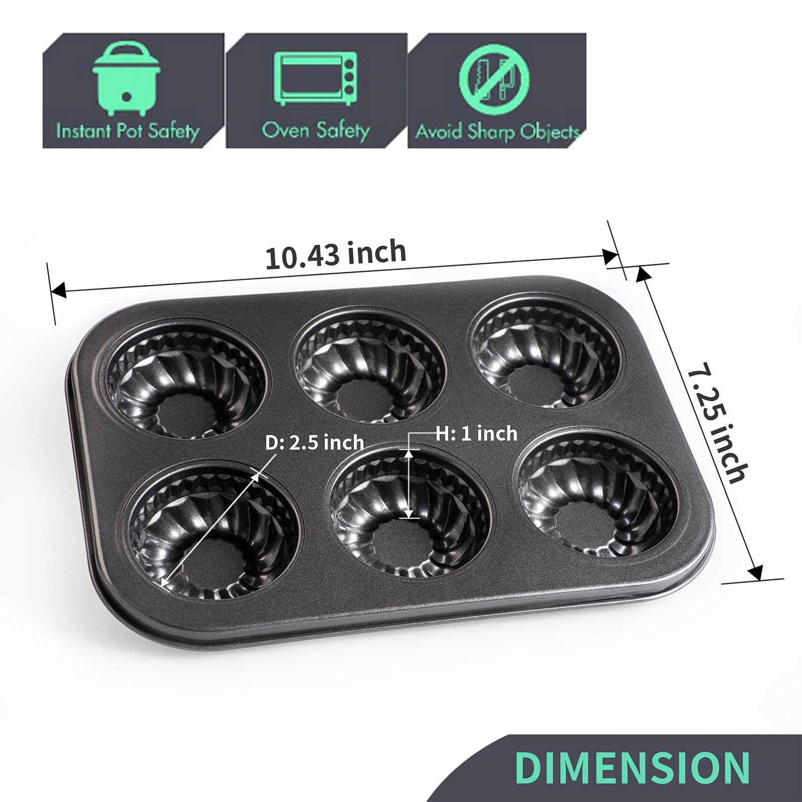 Yomvzake Mini Bund Cake Pan, 6-Cavity Fluted Tube Mold, Stainless Steel, Black for Fall Baking and Desserts