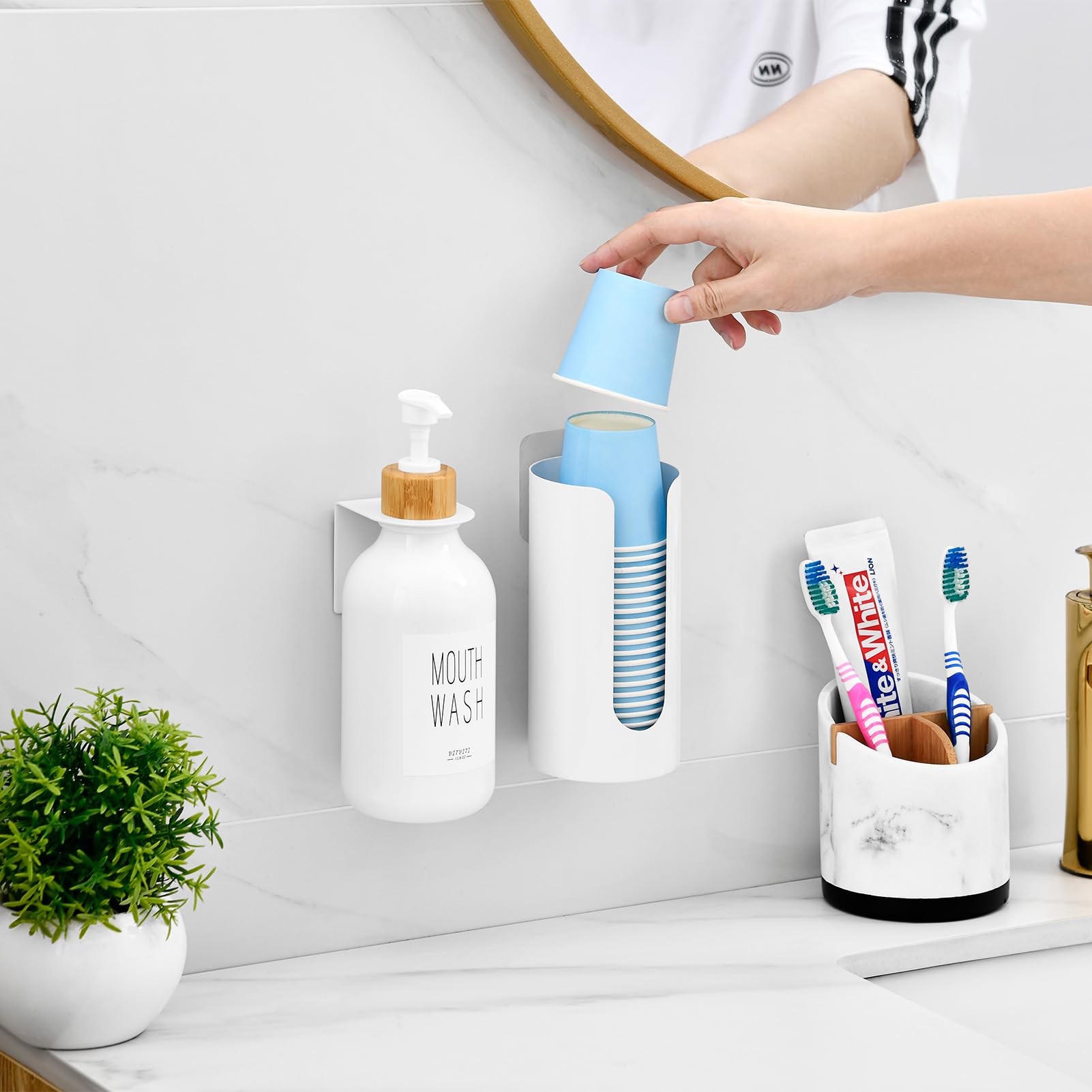 Vitviti Mouthwash Dispenser For Bathroom, Mouth Wash Dispenser Wall Mounted With Cup Holder, 17Oz Refillable Mouthwash Pump Cont