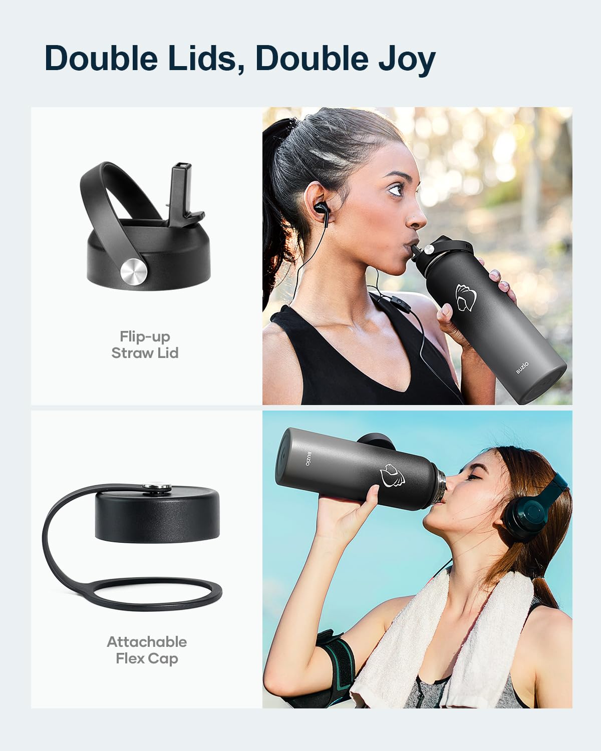 Buzio Insulated Water Bottle With Straw Lid And Flex Cap, 40Oz Modern Double Vacuum Stainless Steel Water Flask, Cold For 48 Hrs