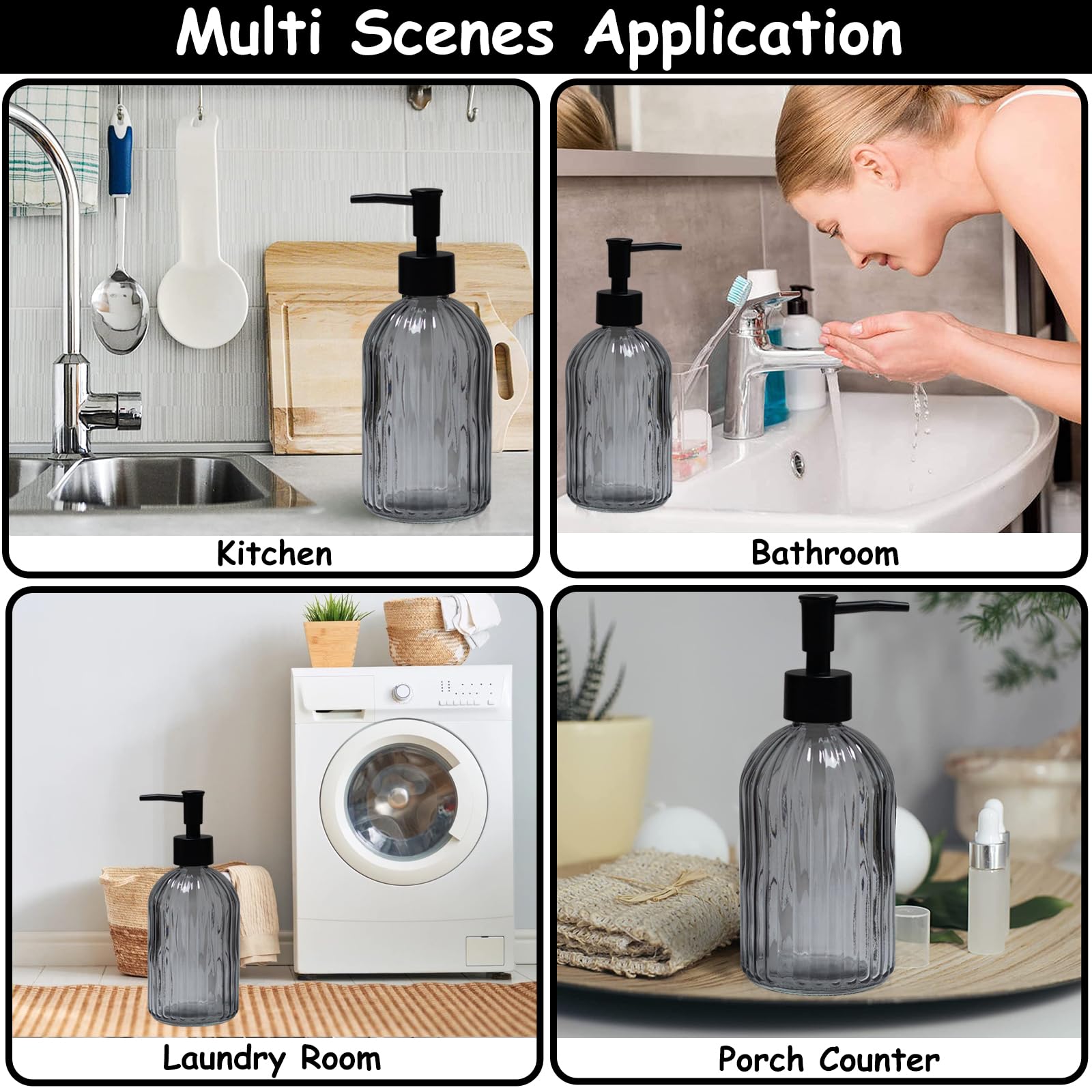 Gray Glass Soap Dispenser Set With Black Pump, 13.5Oz Refillable Liquid Hand Soap Dispenser, Lotion Dish Soap Dispenser For Mode