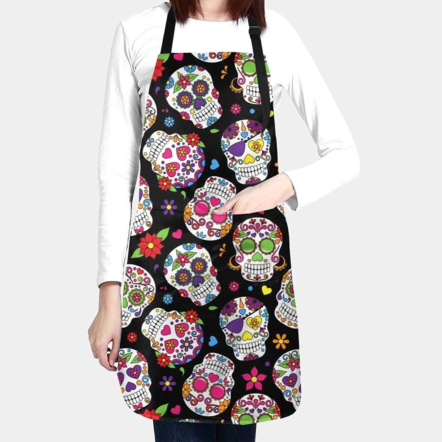 Tovip Sugar Skull 2Pcs Flower Apron Women Men Colorful Skull Cotton Linen Aprons For Kitchen Home Cooking Baking Cleaning Access
