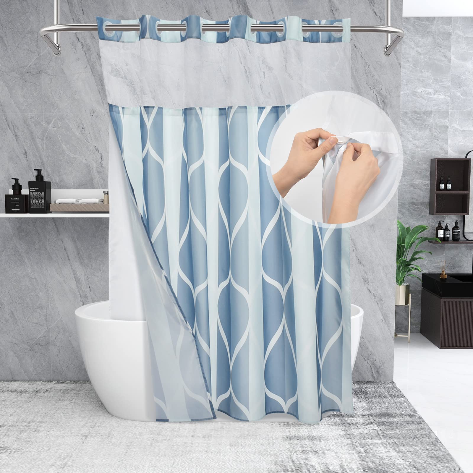 Yiatn No Hook Dark Blue Double Shower Curtain With Snap In Fabric Liner Set - Hotel Style With See Through Mesh Top Window, Mode
