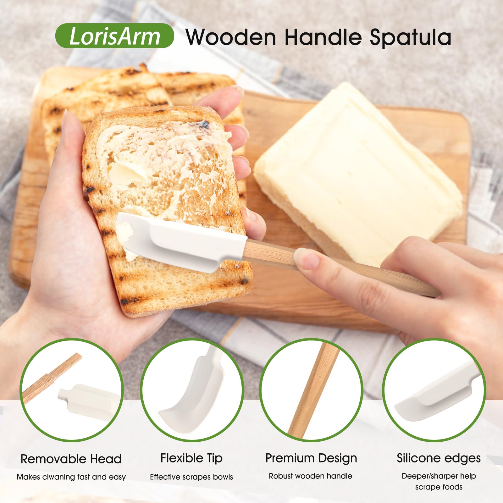 Lorisarm Wooden Handle Spatula Set, 12'' & 9'' Rubber Spatula Silicone Spatulas For Baking Cooking And Mixing.